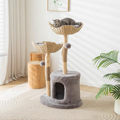 PISARRY modern cat tree with two rattan baskets provides cozy lounging spots.