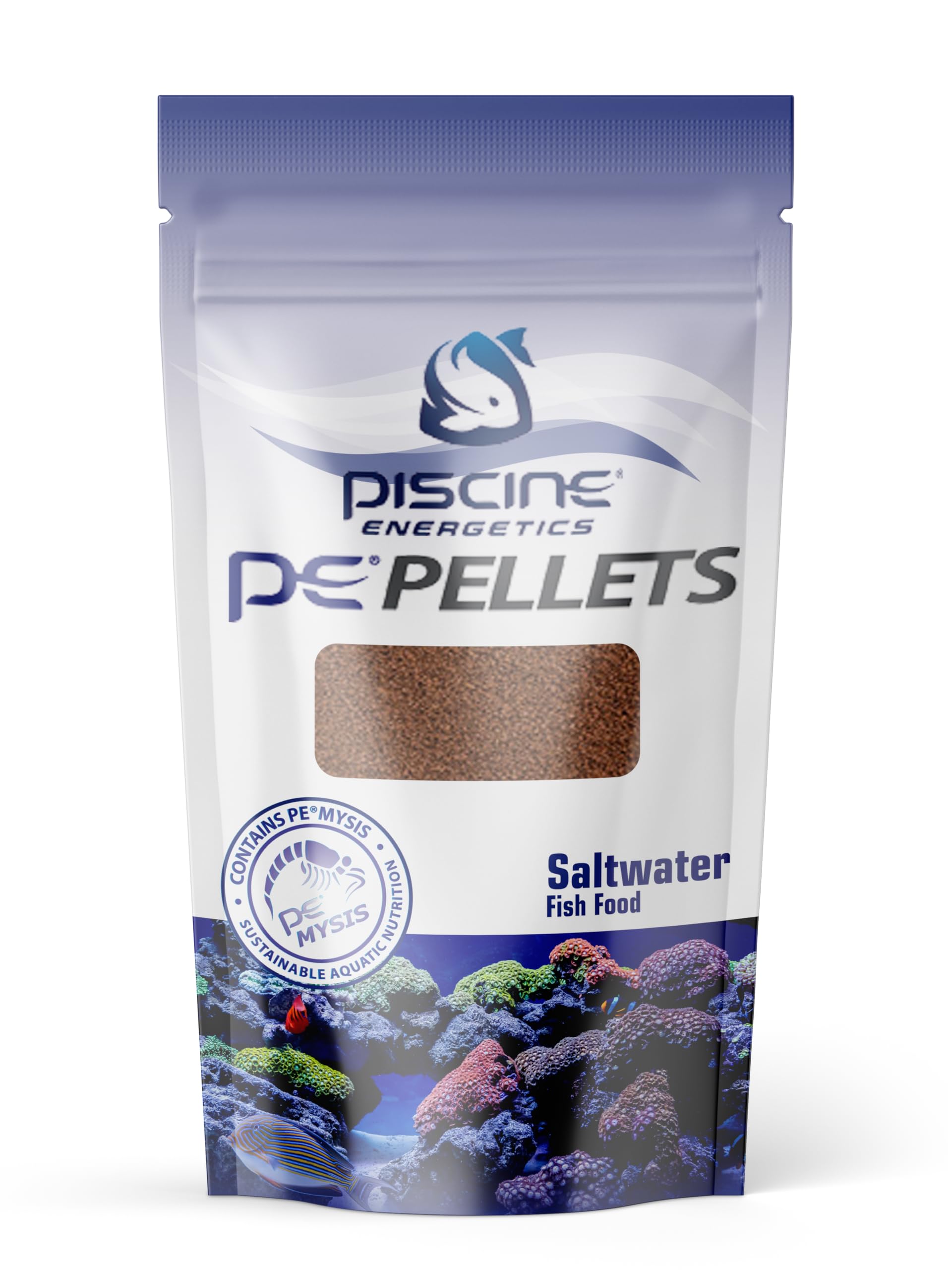 Piscine Energetics PE Pellets Saltwater 8oz pack provides palatable nutrition for colorful, healthy fish