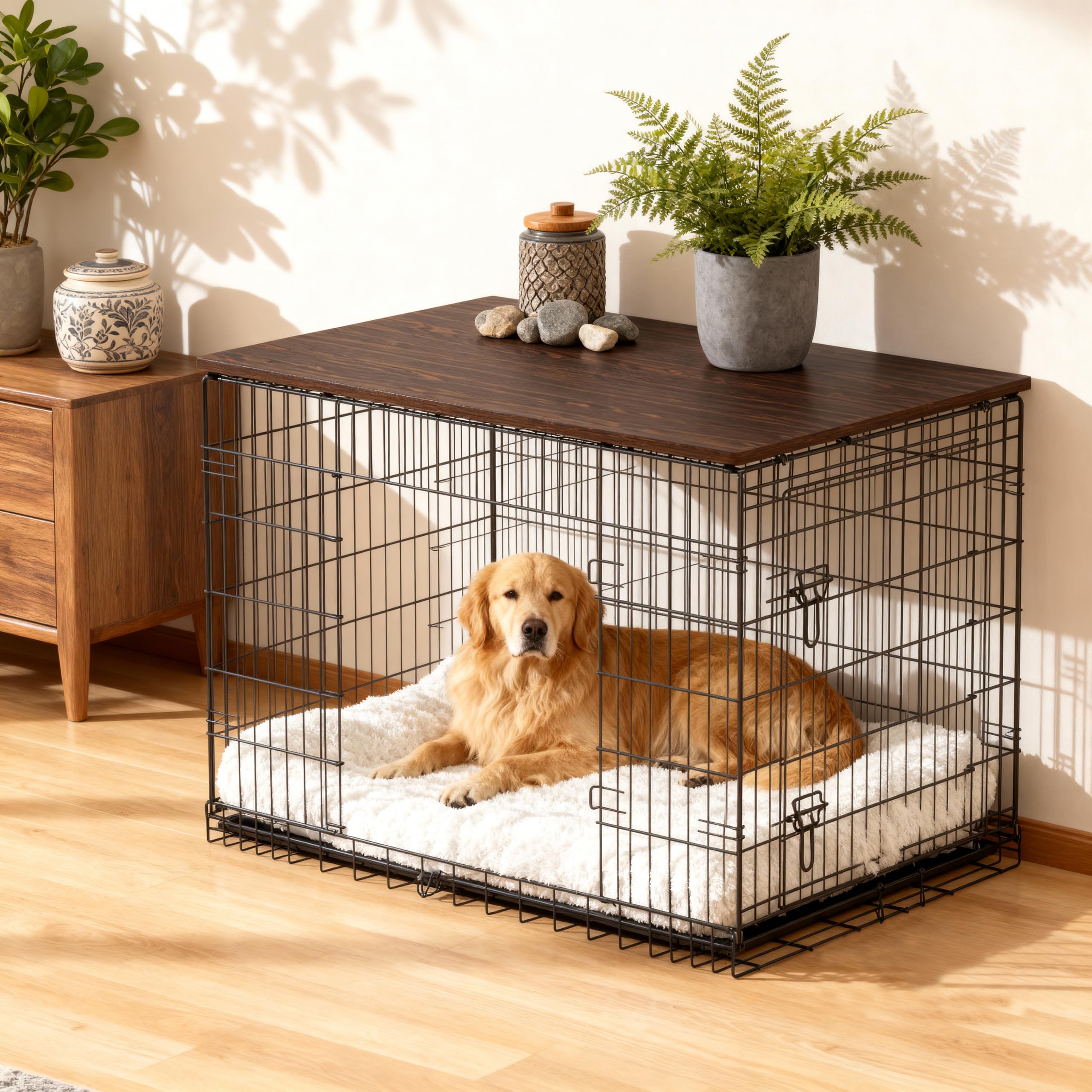 Piskyet Dog Crate Topper in Oak Grey or Rustic Brown complements decor