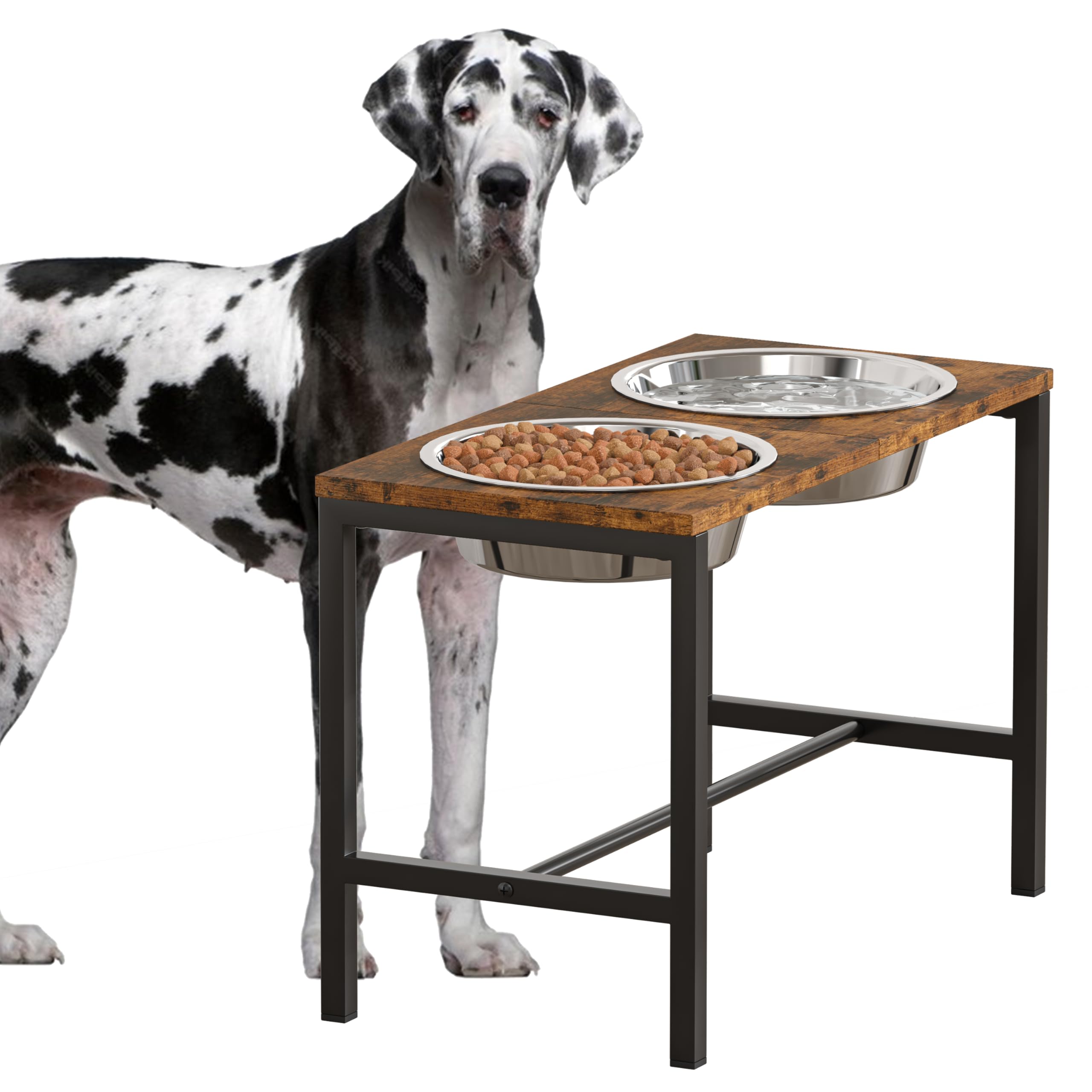 Piskyet elevated dog bowl stand with two extra large stainless bowls for comfortable feeding height.
