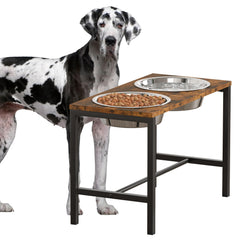 Piskyet elevated dog bowl stand with two extra large stainless bowls for comfortable feeding height.
