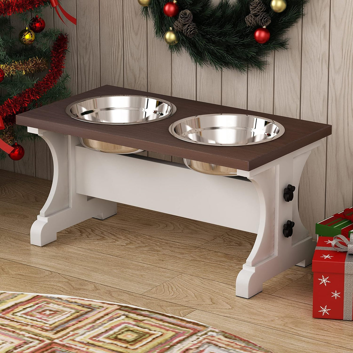 Piskyet elevated dog bowls stand in room setting showcasing farmhouse style for easy feeding.