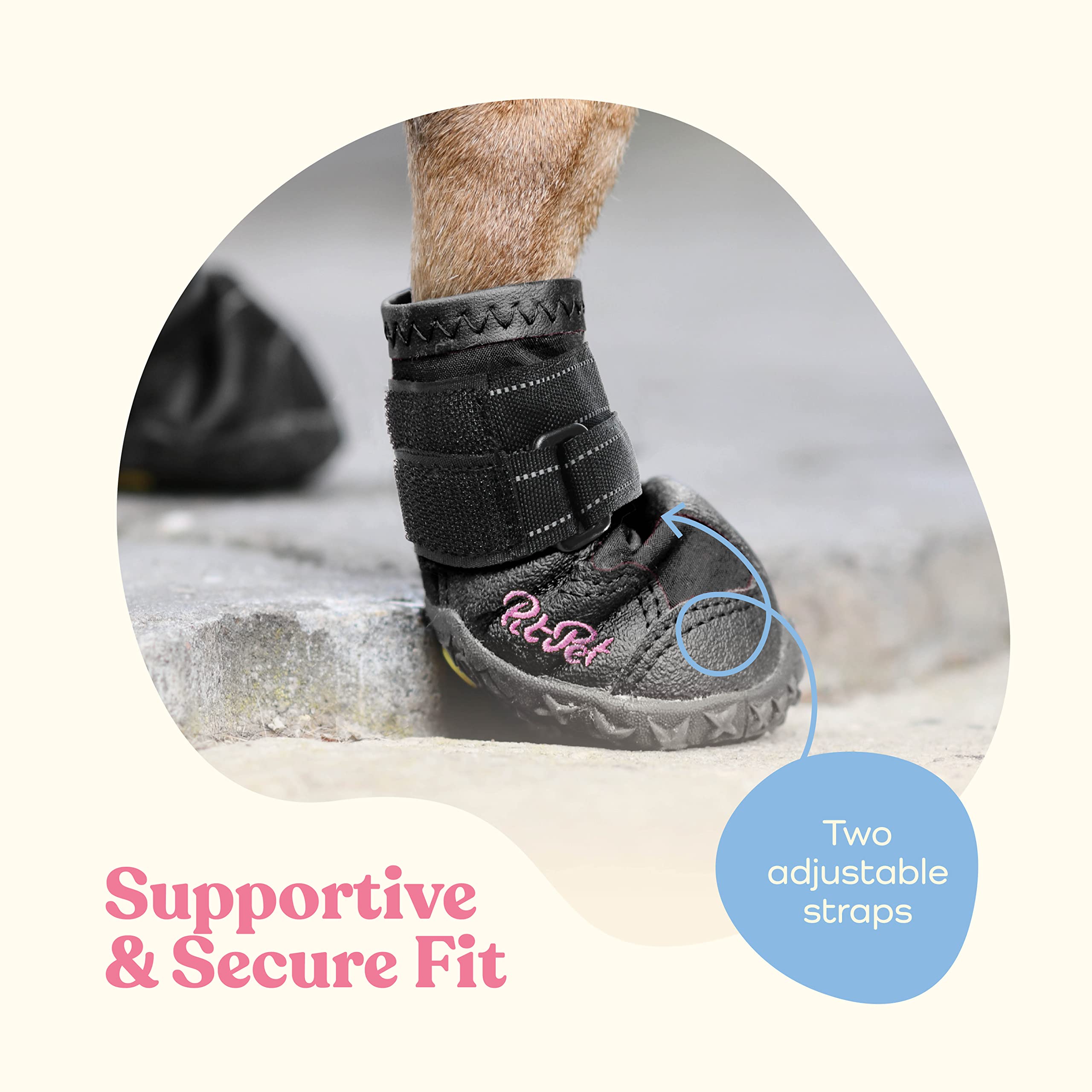 Pitpet dog boots reflective straps close-up for nighttime visibility and safety during walks.