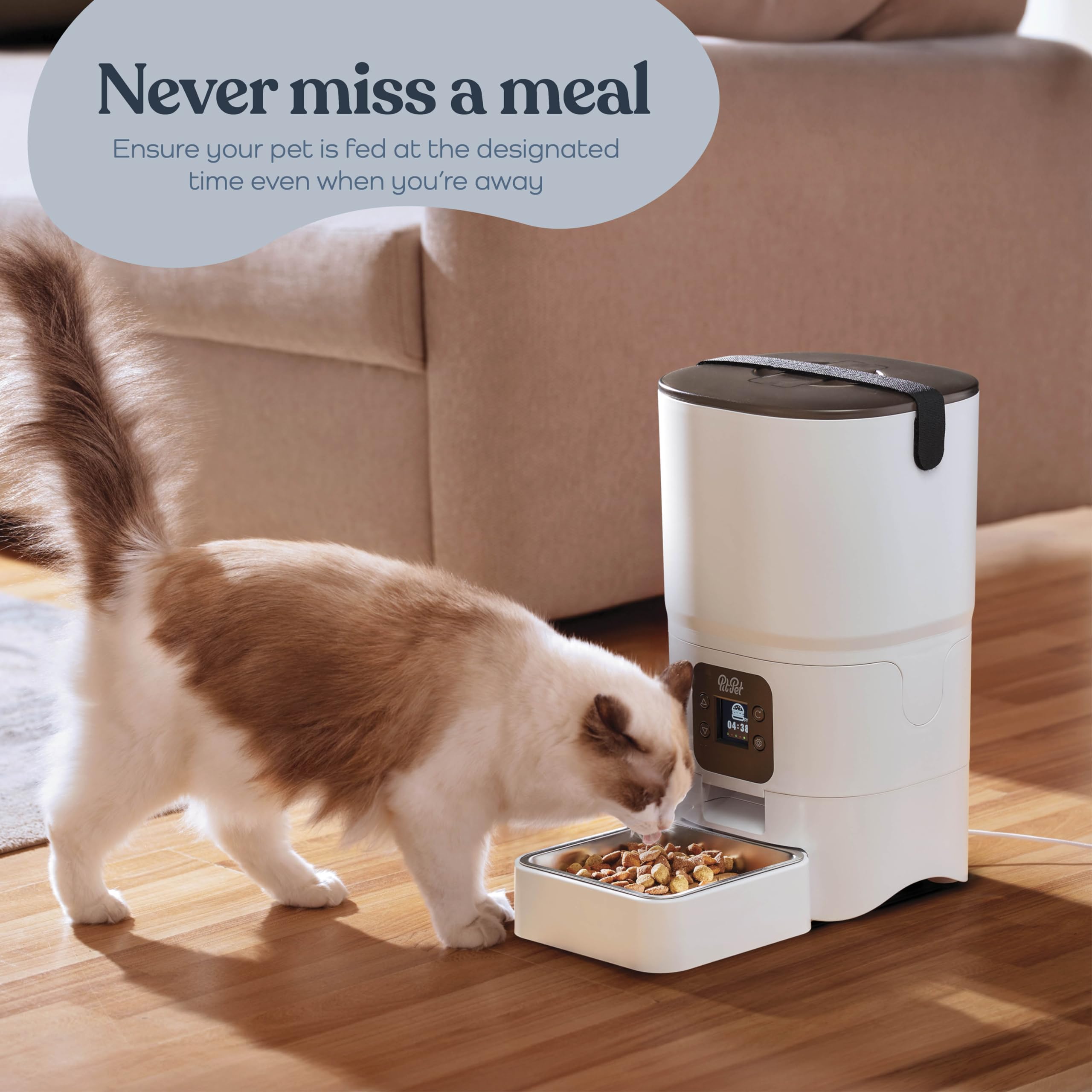 Pitpet smart automatic cat feeder LCD display enables simple scheduling.