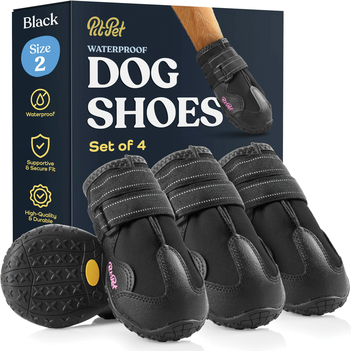 Pitpet waterproof dog shoes front view with rugged sole for outdoor paw protection.