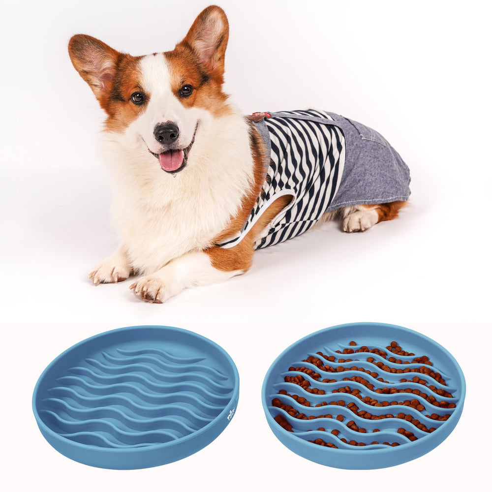 PJDH slow feeder bowl blue wave color options brighten mealtime.