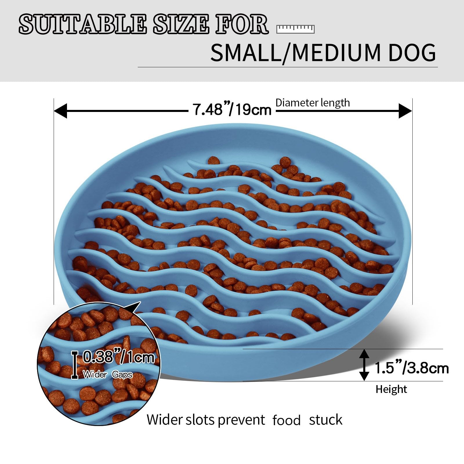 PJDH slow feeder bowl blue wave suction base helps prevent spills during meals.