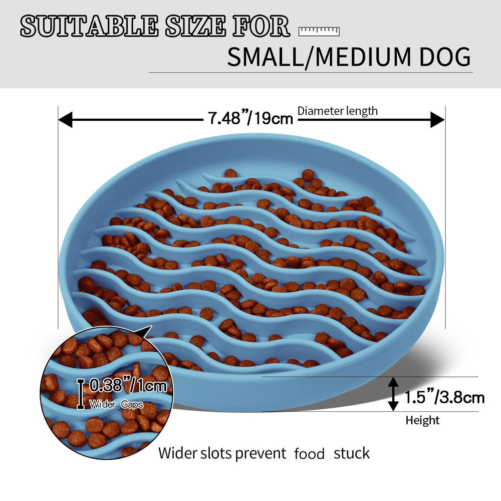 PJDH slow feeder bowl blue wave suction base helps prevent spills during meals.