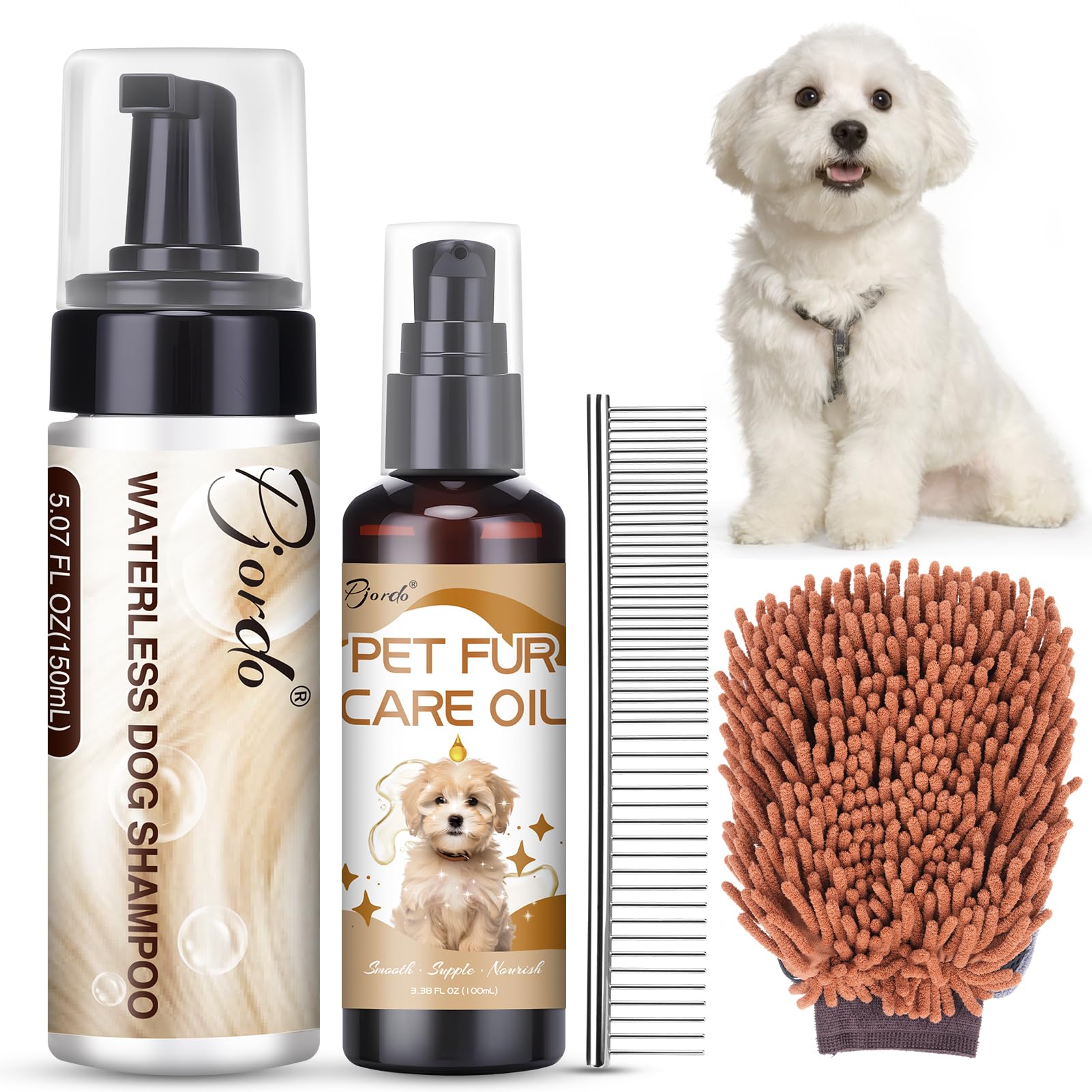 Pjordo Waterless Dog Shampoo bottle pour demonstrates quick spray for on-the-go grooming