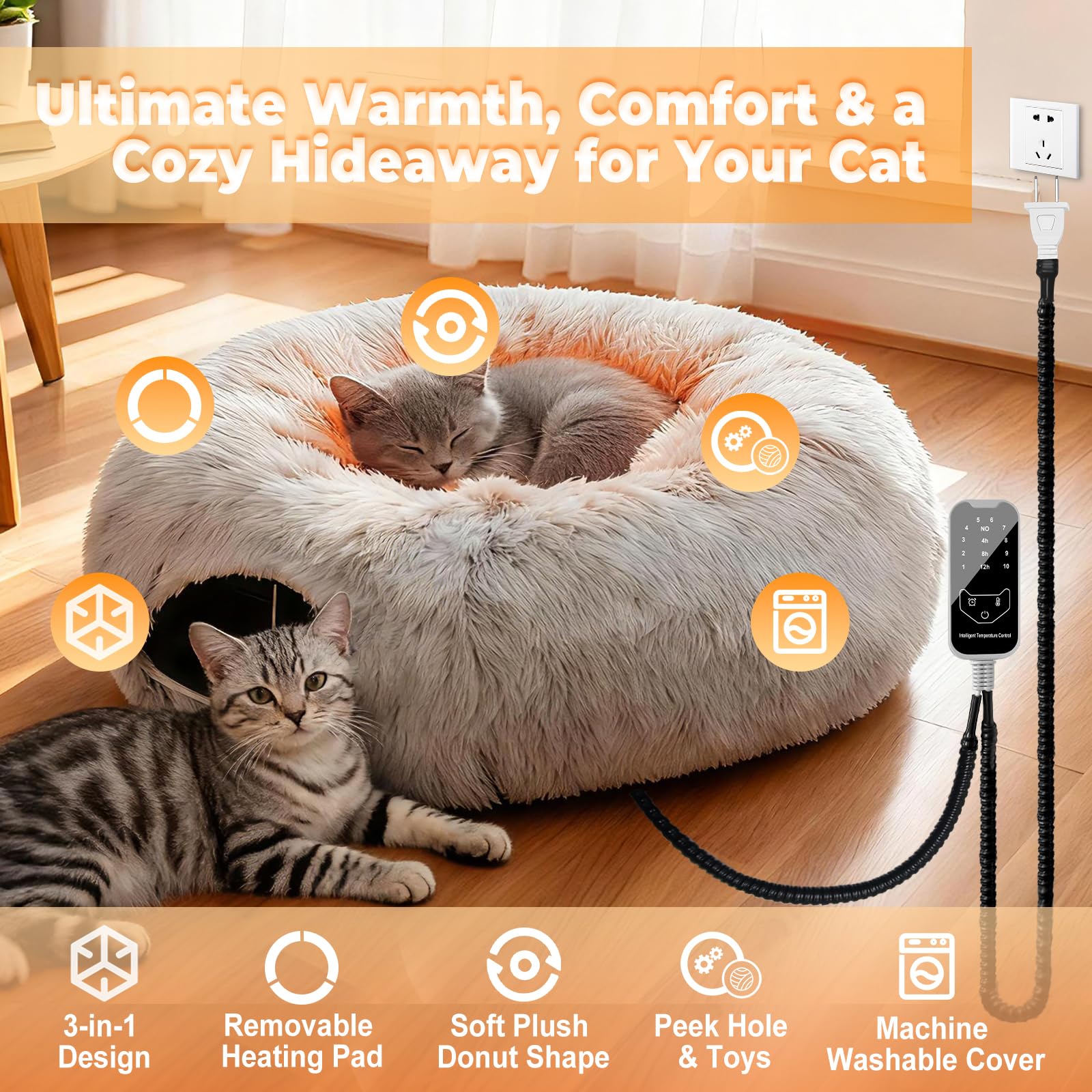 PJT heated cat tunnel bed entrance opening for easy access and playful peekaboo moments