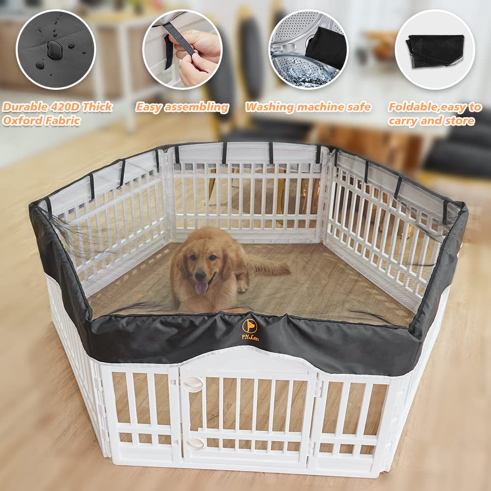 PJYuCien dog playpen cover UV-protected black mesh for sunny outdoor use.