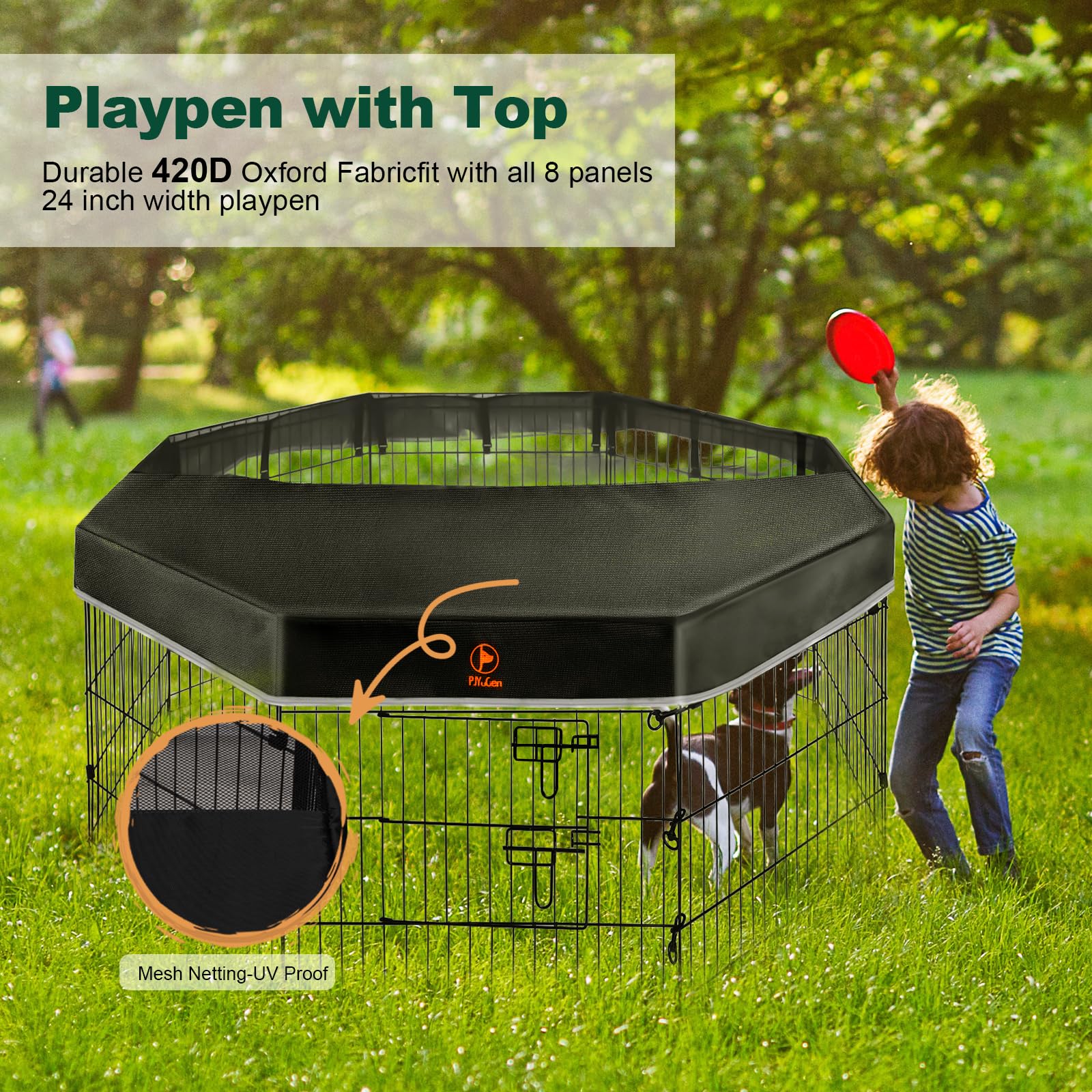 PJYuCien dog playpen outdoor setup with ground stakes for stability.
