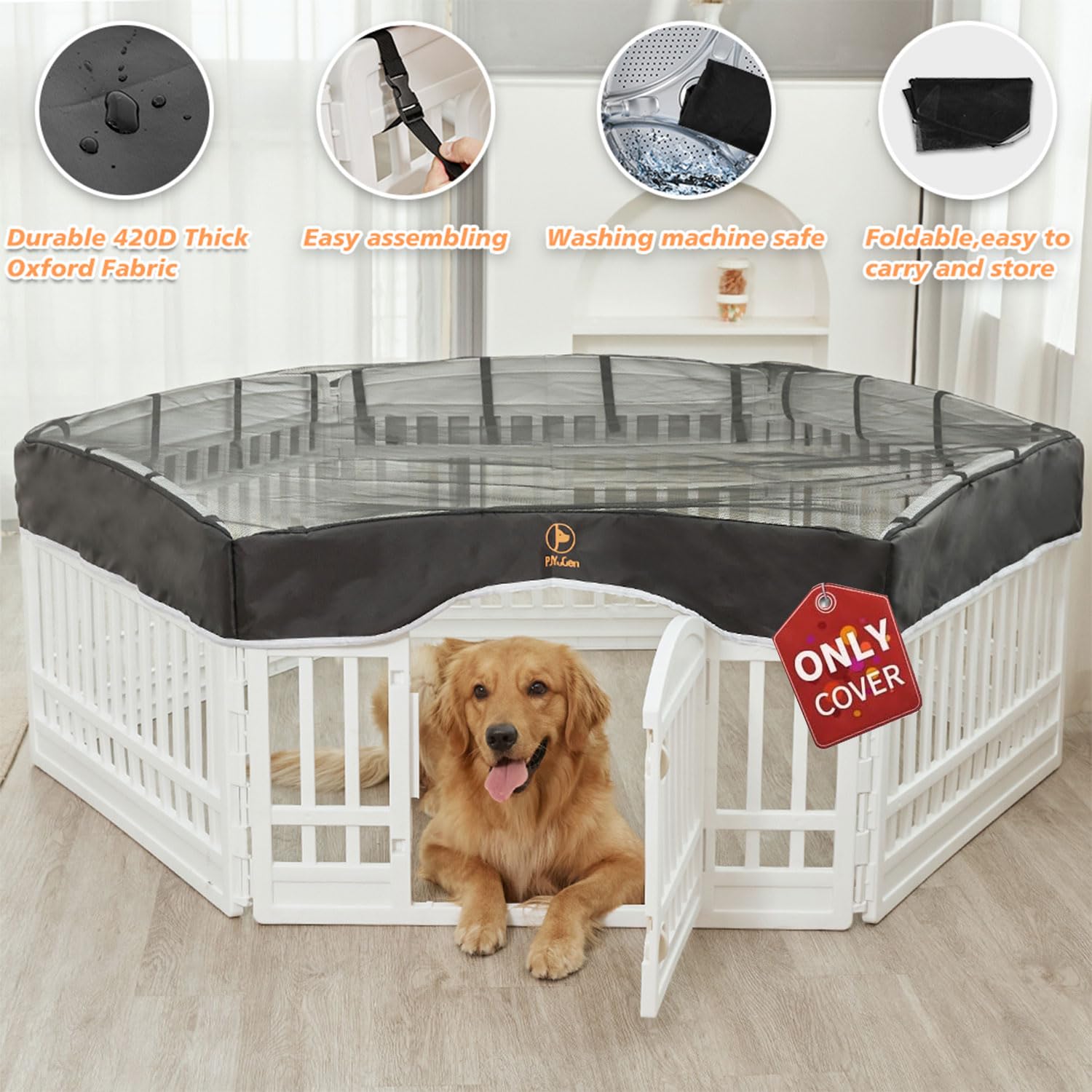 PJYuCien dog playpen cover mesh top provides ventilation and UV protection for sunny days.