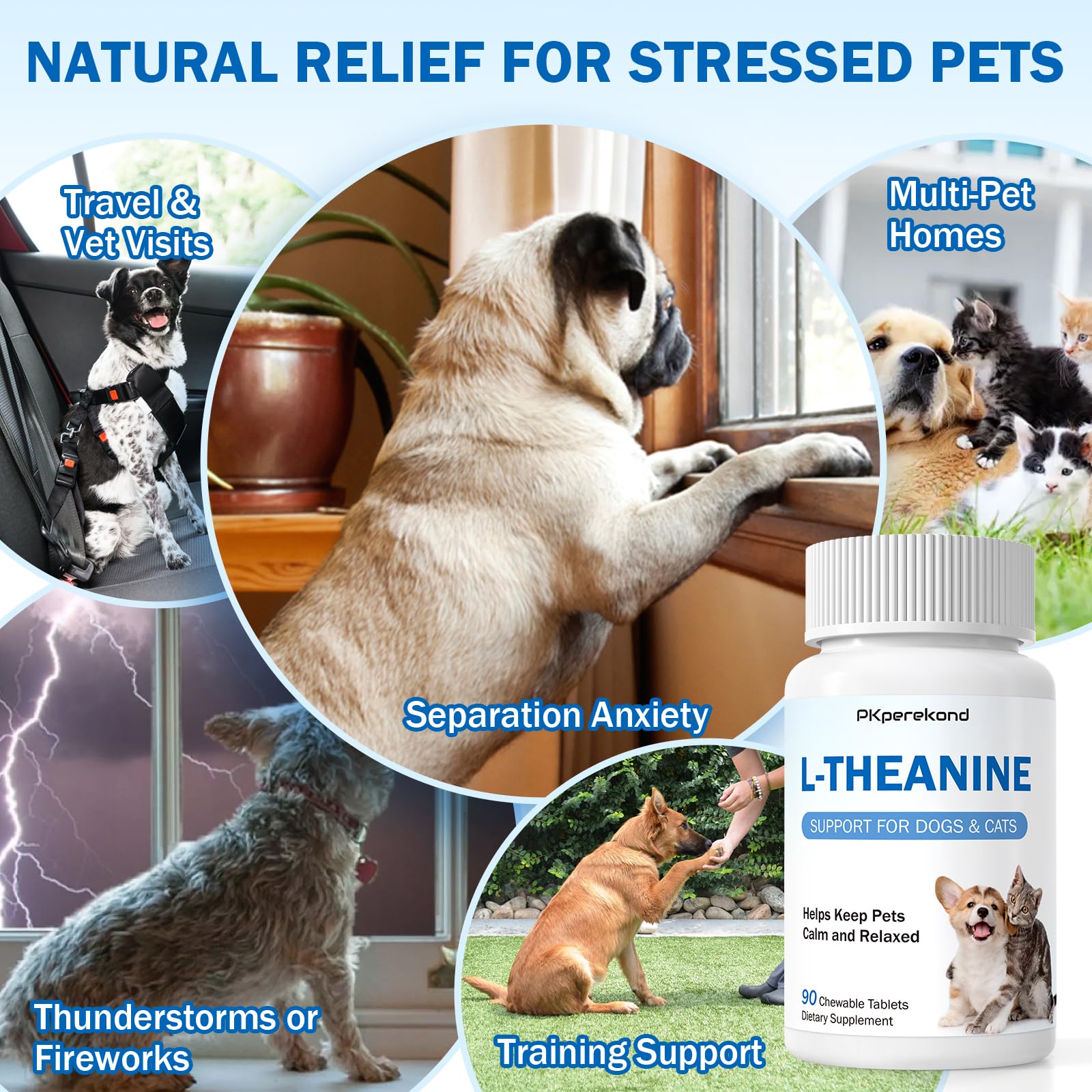 PKperekond L-Theanine chewing tablets closeup showing pure formula for everyday pet stress.