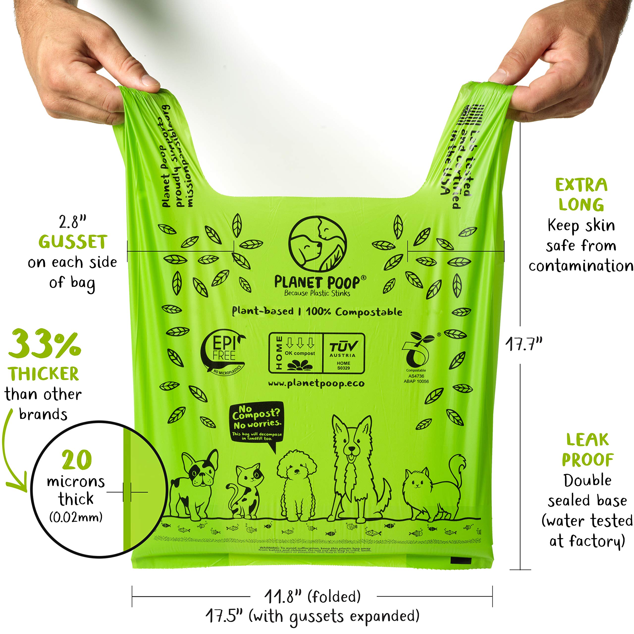 PLANET POOP 20-micron thick leakproof bags prevent leaks during cleanup