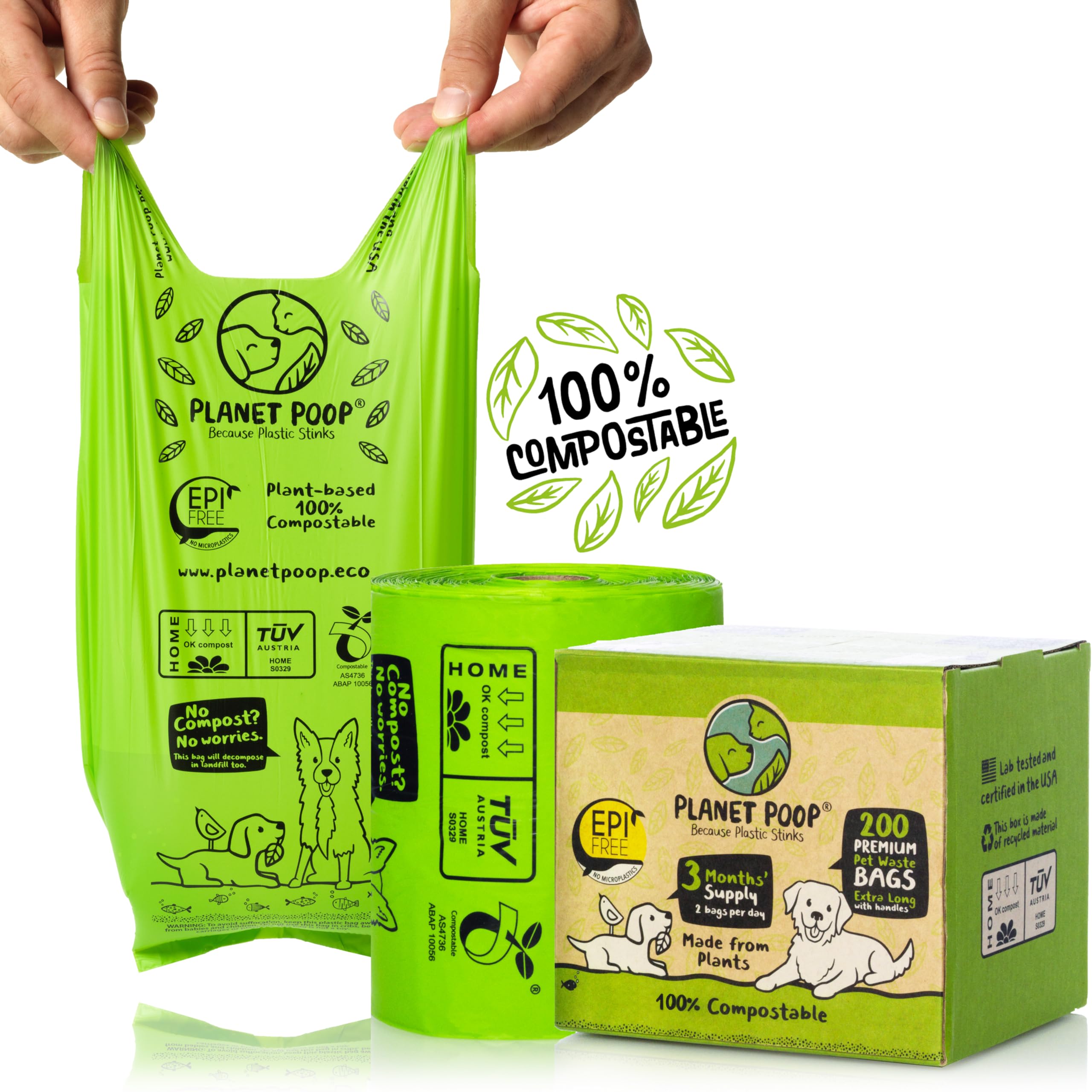 PLANET POOP bags with extra-long handles for easy pickup and secure tie-off