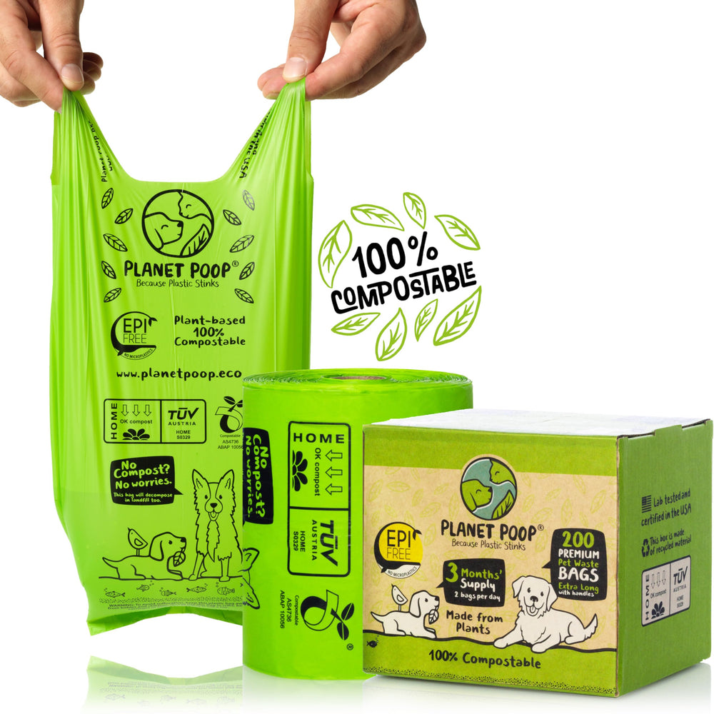 PLANET POOP bags with extra-long handles for easy pickup and secure tie-off