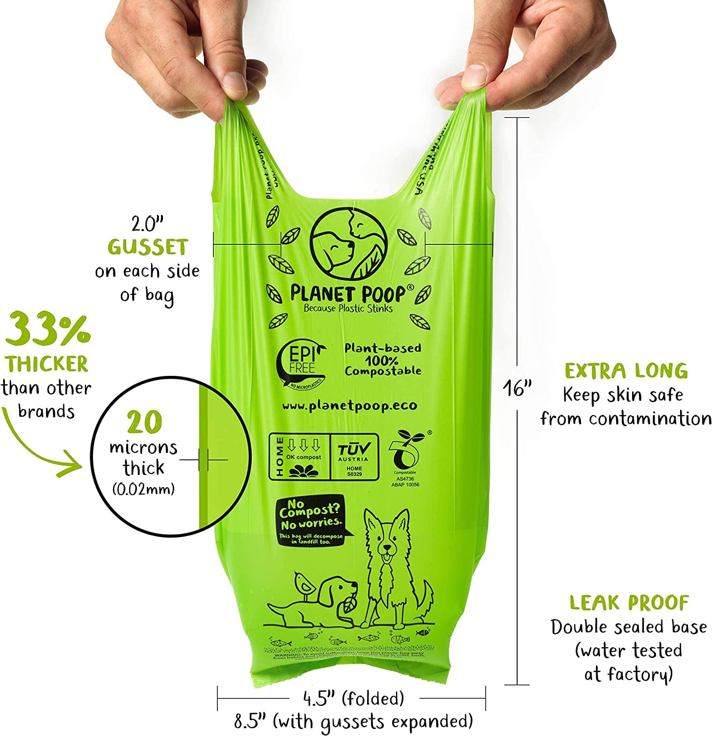 PLANET POOP bags are 20-micron thick and leakproof for mess-free bagging