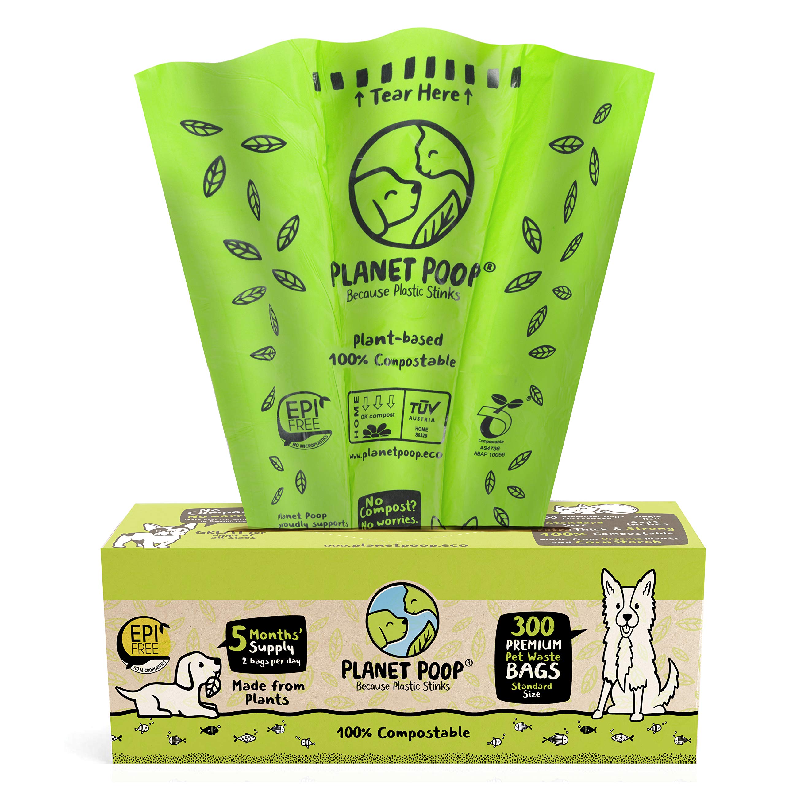 Planet Poop large roll packaging for 300 bags, grab-and-go convenience.