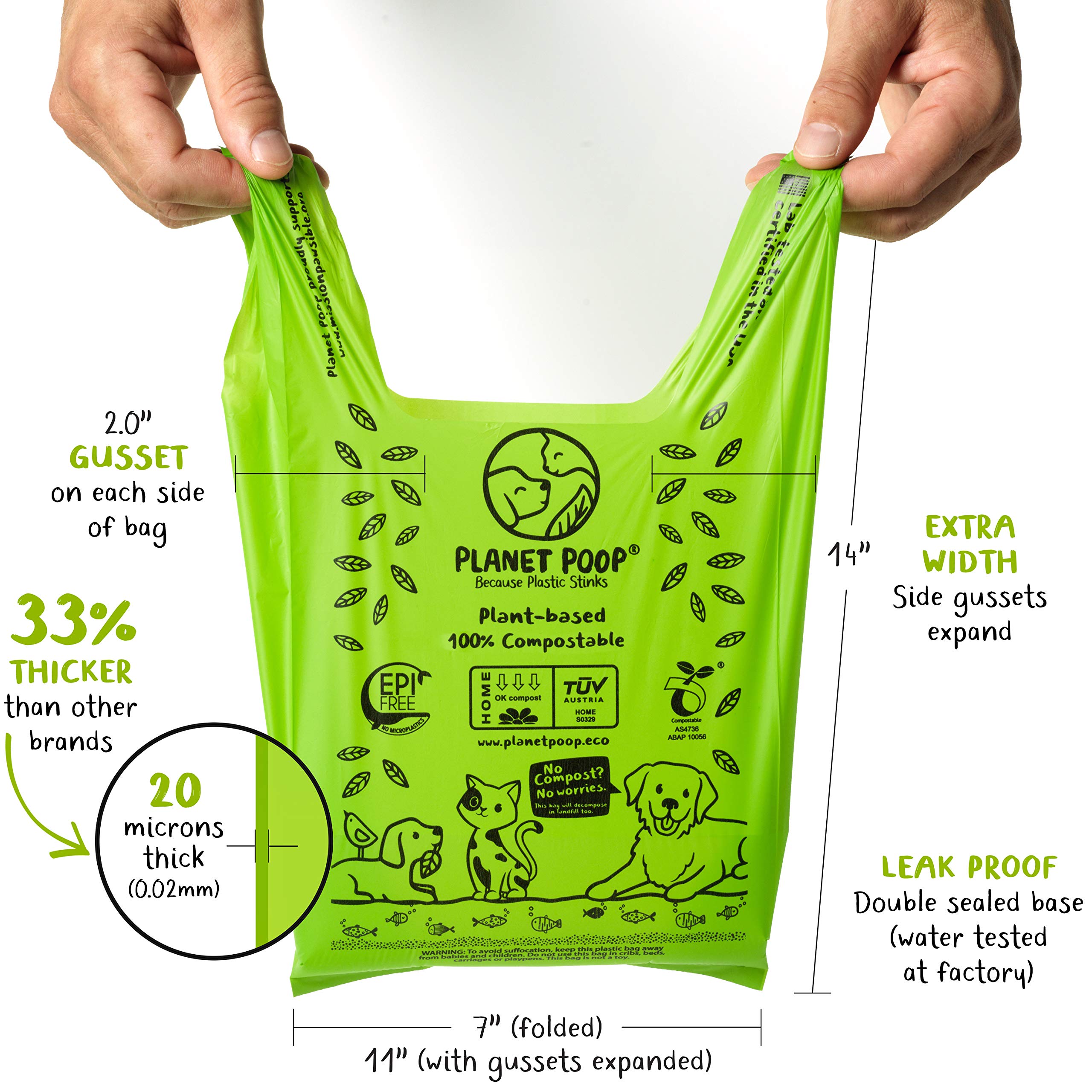Planet Poop leakproof 20 micron bags prevent leaks and odors during walks.