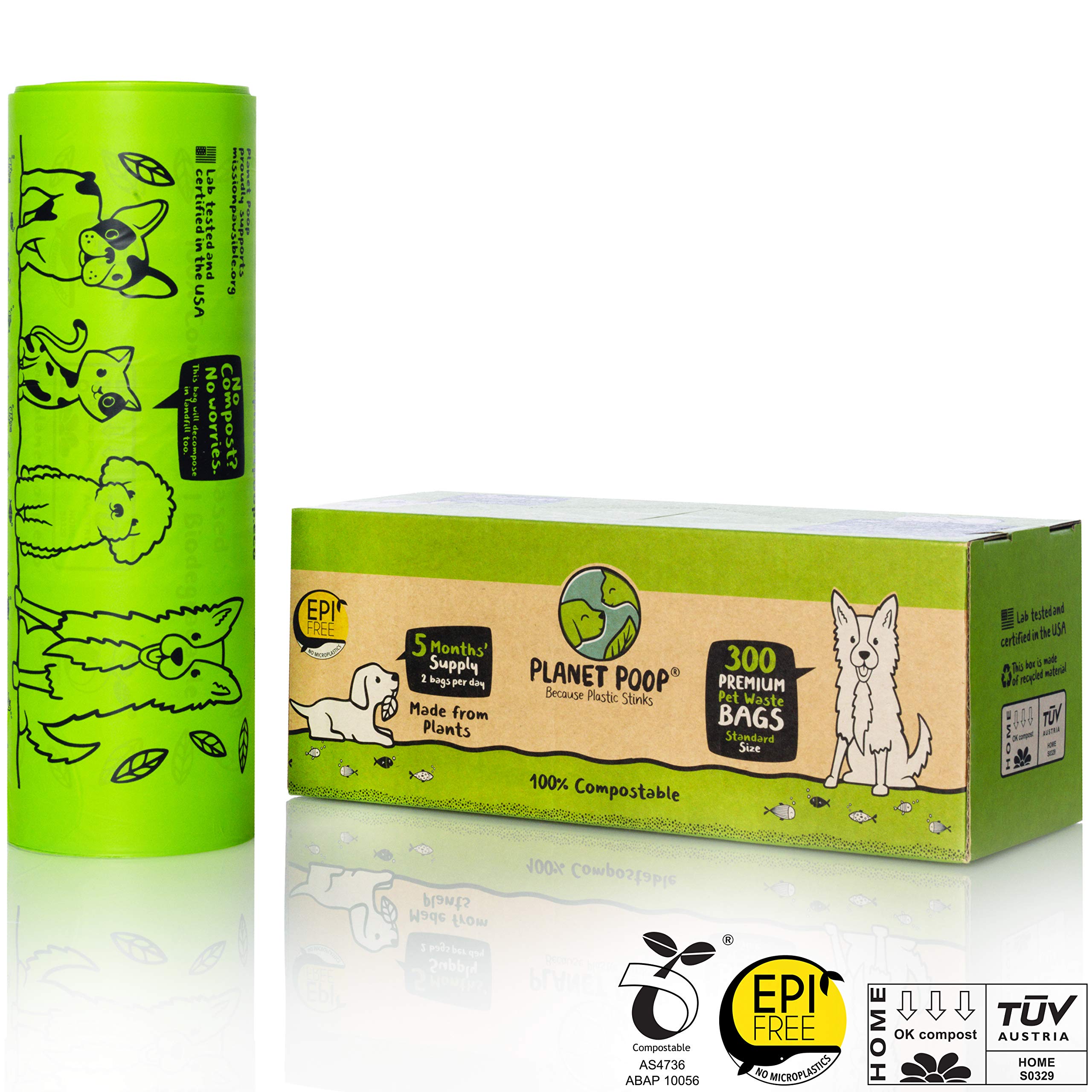 Planet Poop plant-based, non-GMO material supports eco-friendly pet care.