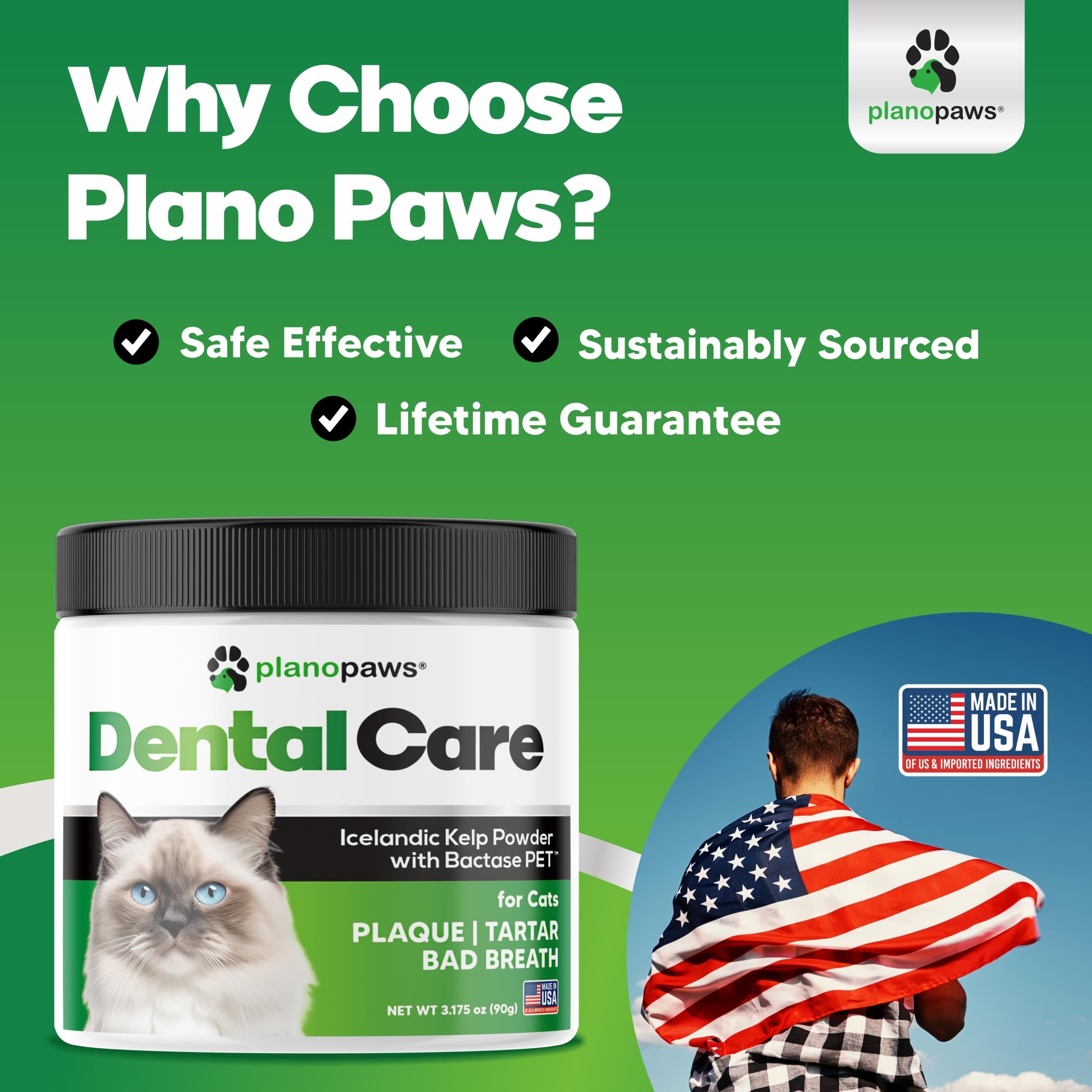 Planopaws Cat Dental Powder breath-freshness close-up suggesting fresher breath potential.