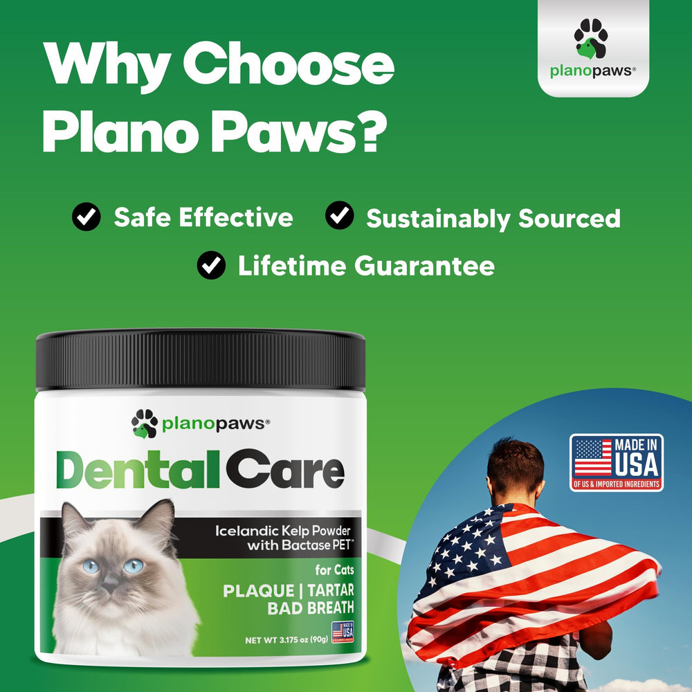 Planopaws Cat Dental Powder breath-freshness close-up suggesting fresher breath potential.