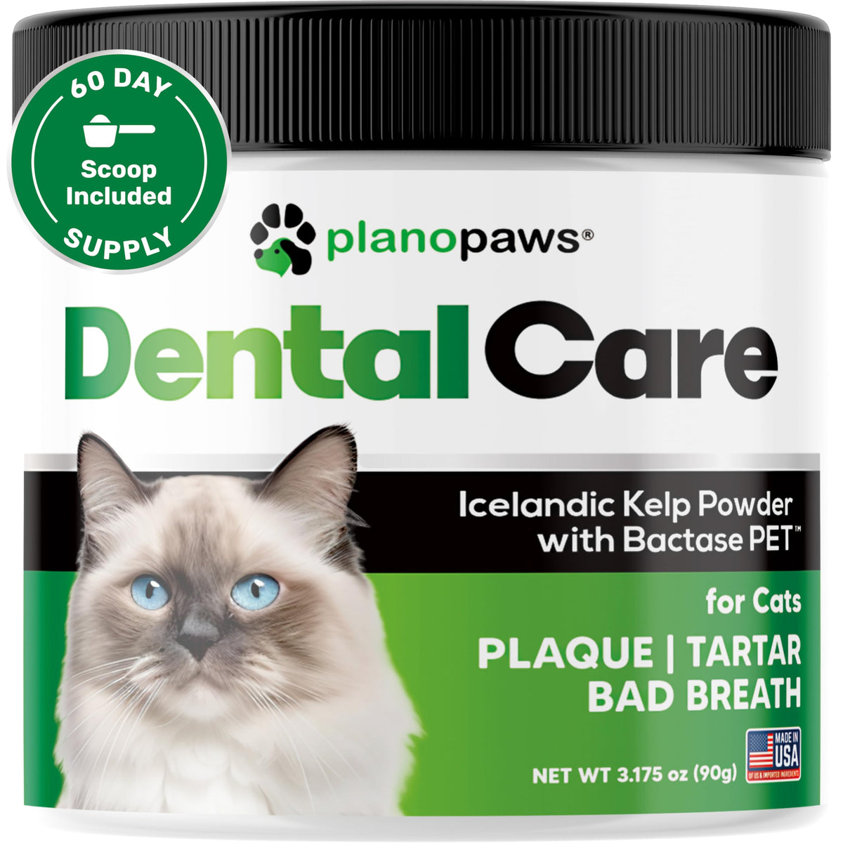 Planopaws Cat Dental Powder tub showcasing enzyme-based oral care for brighter teeth.