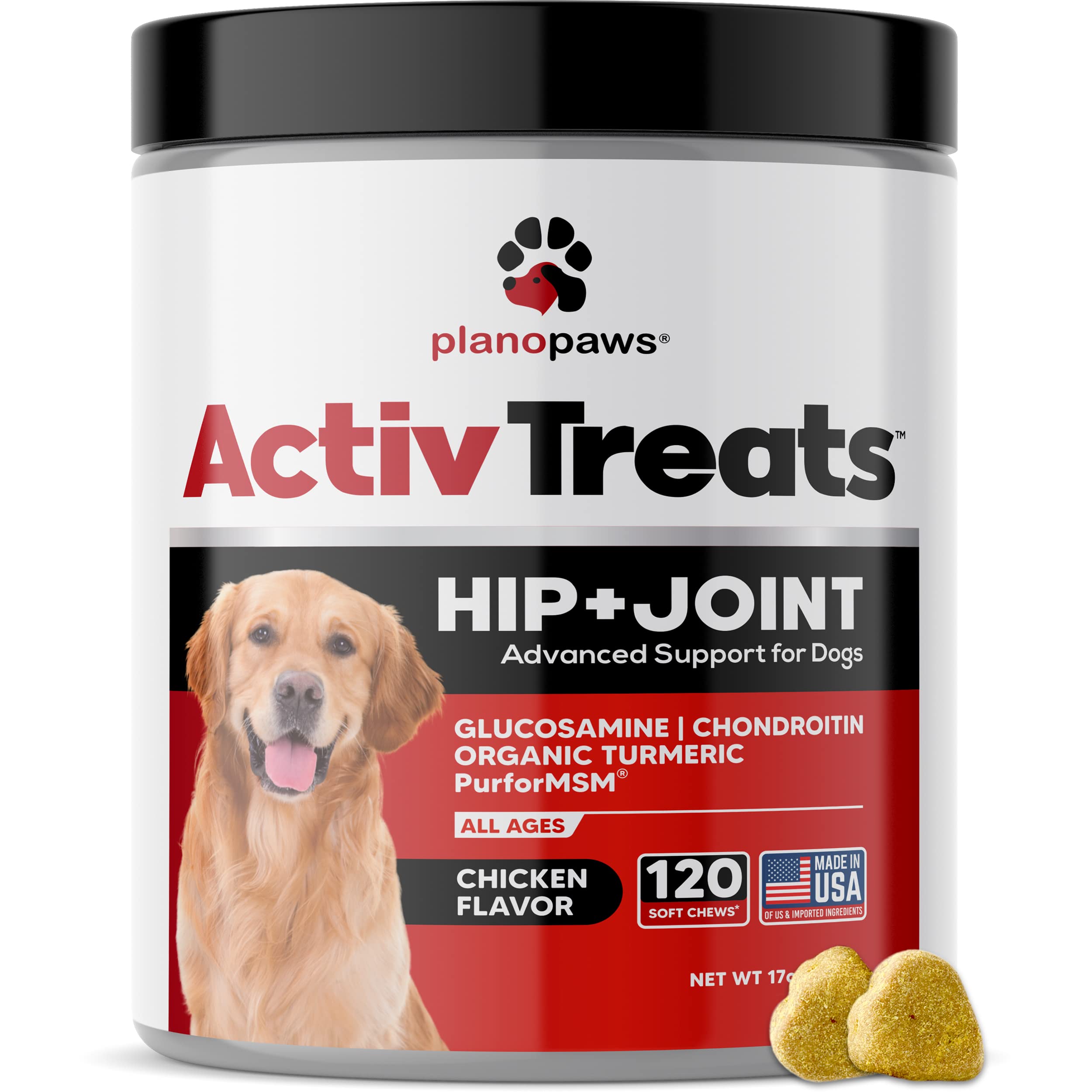 Planopaws glucosamine-chondroitin-msm-turmeric bottle closeup emphasizing joint support