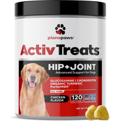 Planopaws glucosamine-chondroitin-msm-turmeric bottle closeup emphasizing joint support