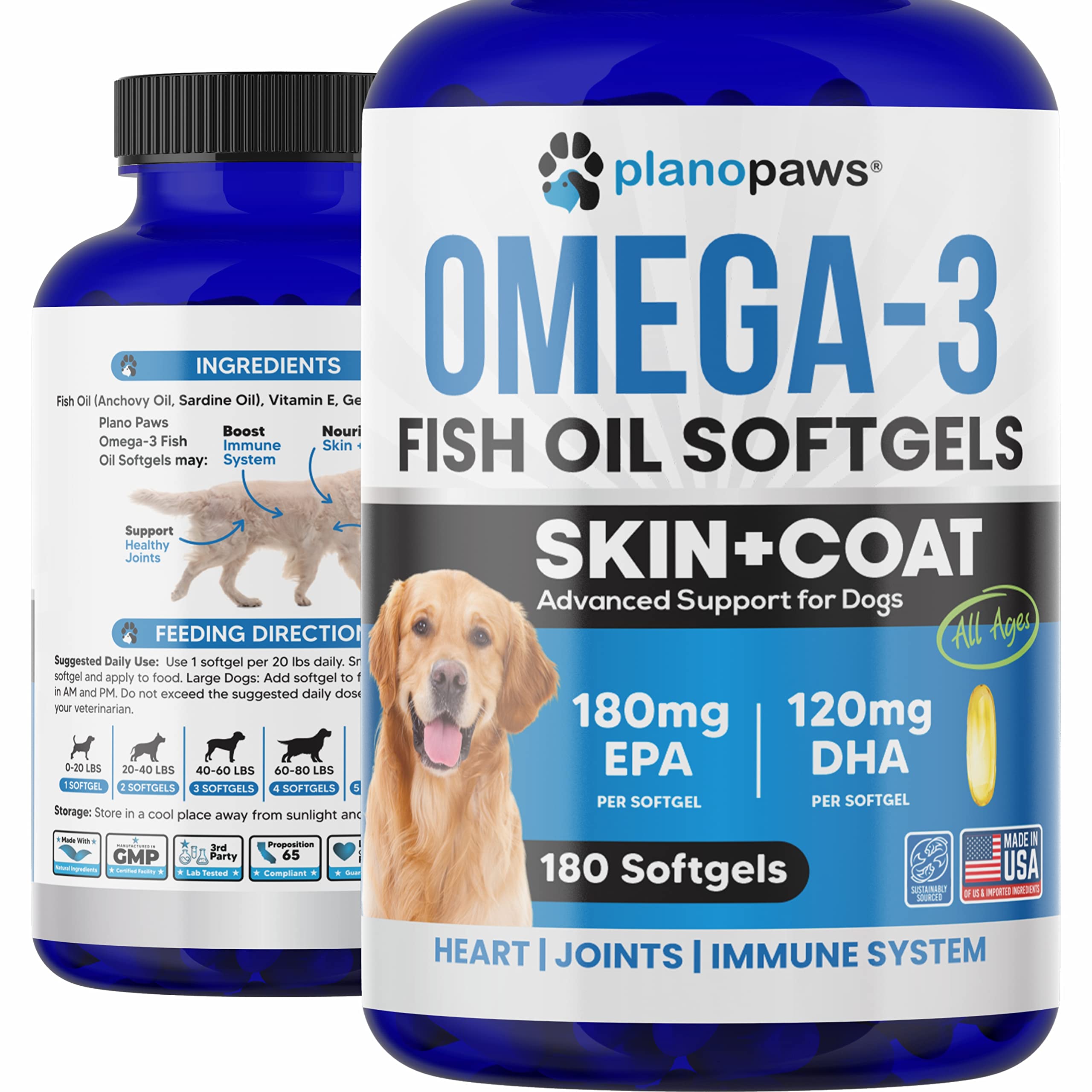 Planopaws Omega-3 dog capsules bottle closeup supporting healthy skin and coat