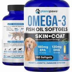 Planopaws Omega-3 dog capsules bottle closeup supporting healthy skin and coat