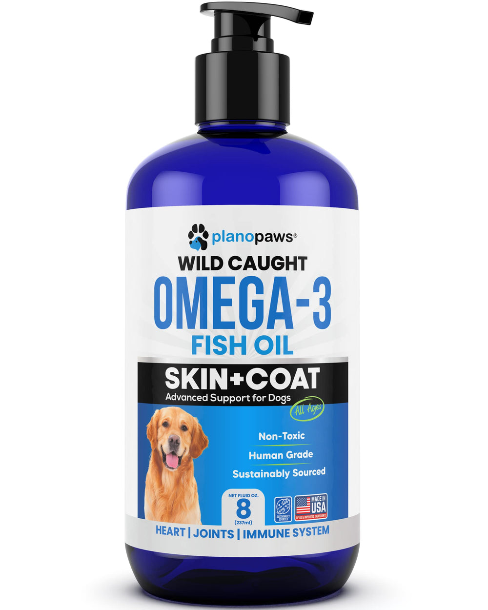 Plano Paws Omega-3 dogs coat-shine close-up hints at skin support.
