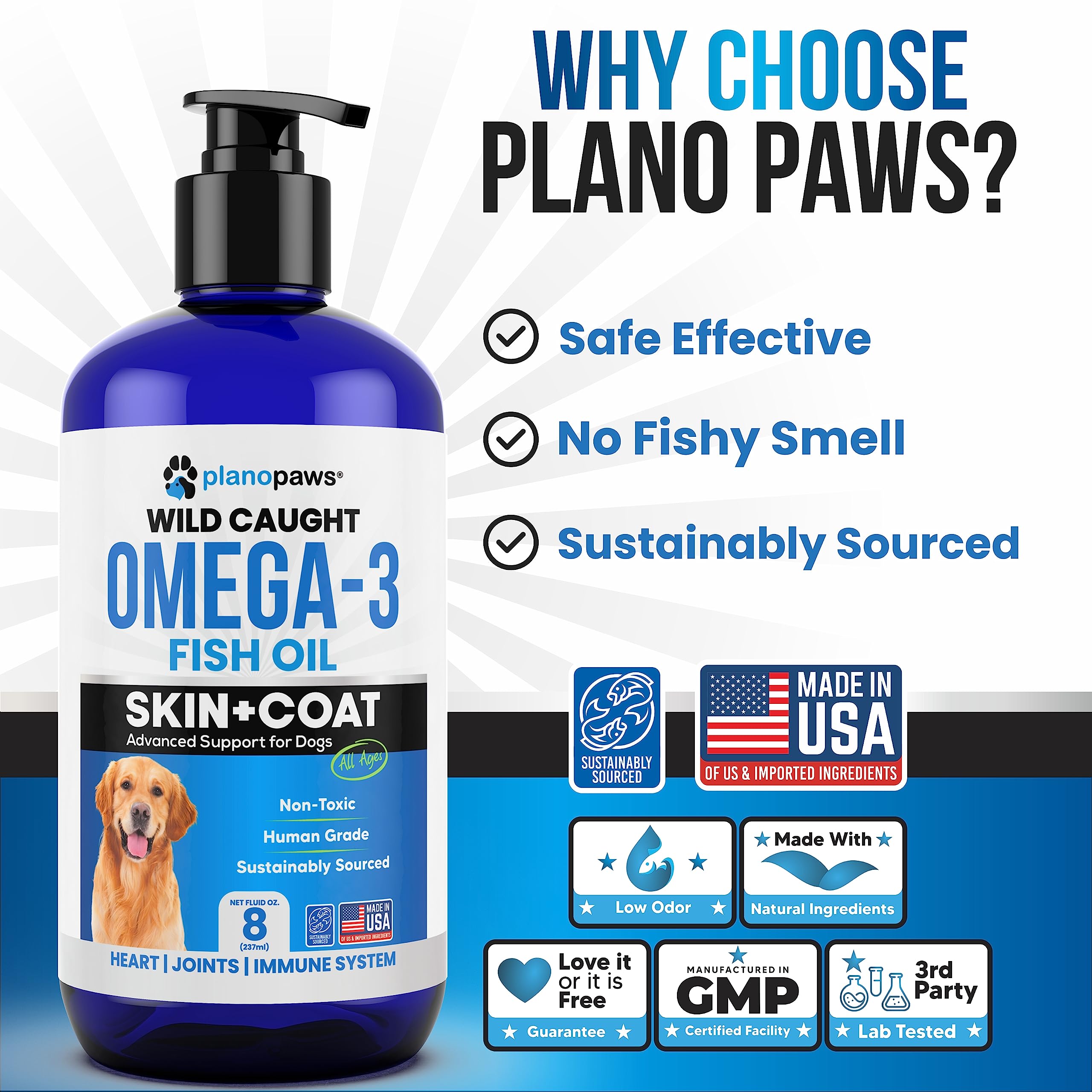 Plano Paws Omega-3 dogs ingredients iceland highlights wild-caught fish from clean waters.