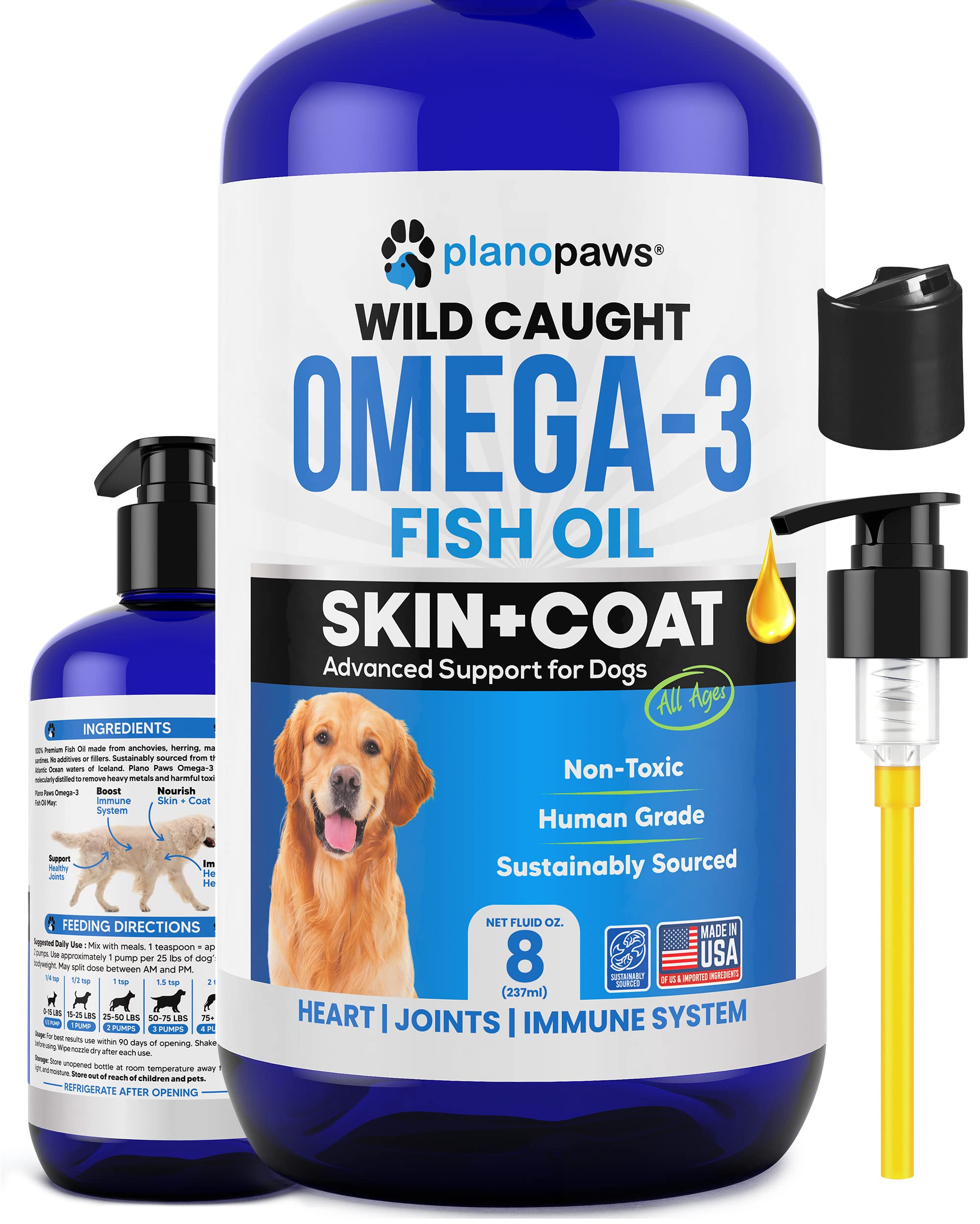 Plano Paws Omega-3 dogs liquid bottle showing ocean-sourced oil for healthier skin.