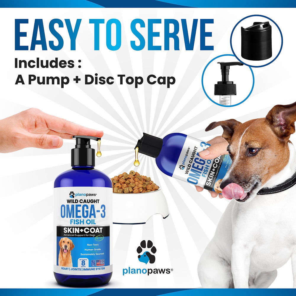 Plano Paws Omega-3 dogs pump-use shows simple daily dosing.