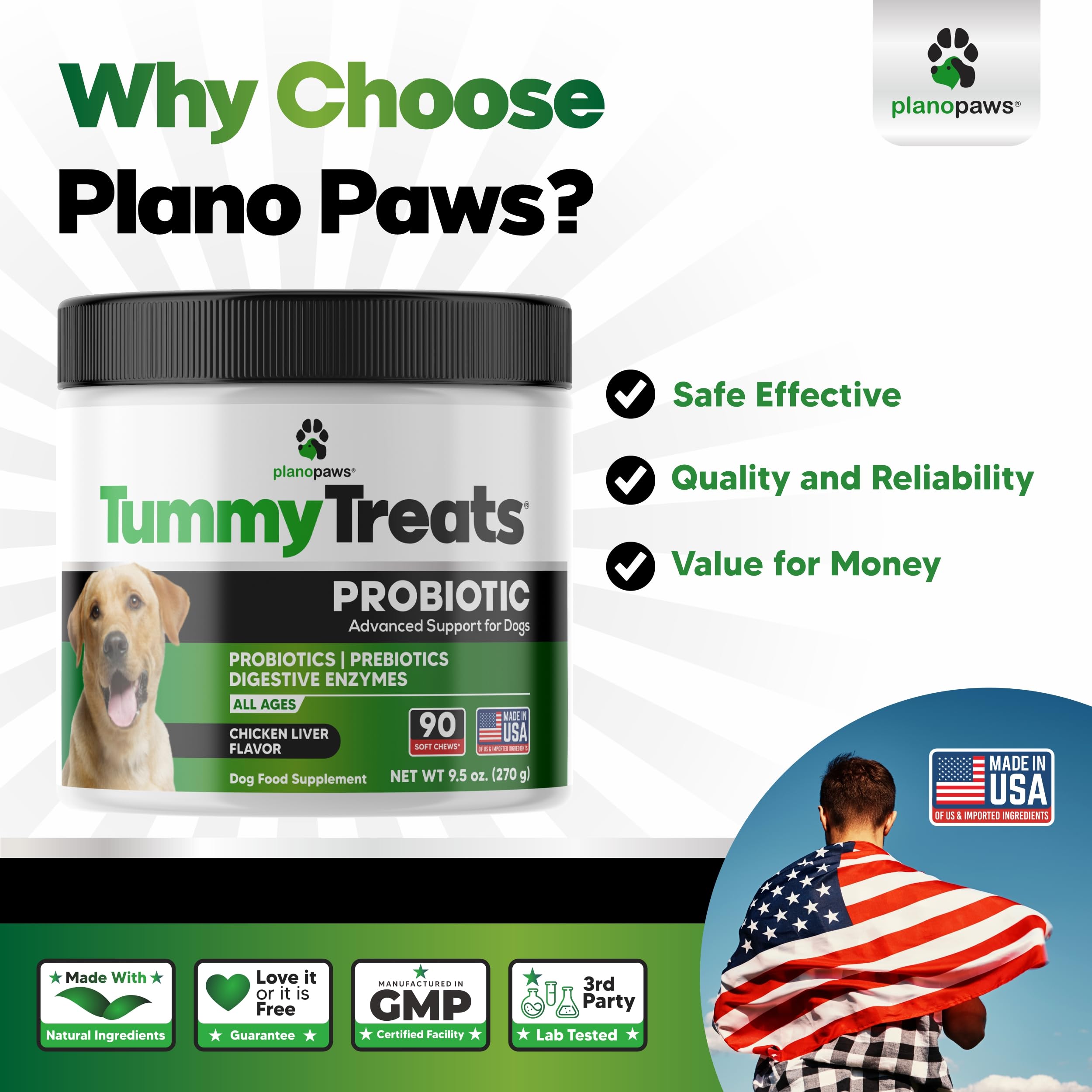 Planopaws probiotic bottle label highlights gut health and quality ingredients.