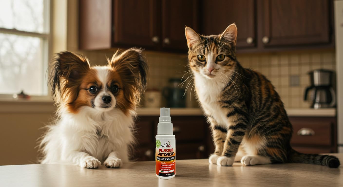 Plaque Attack Happy Pet Smile after regular spray use.