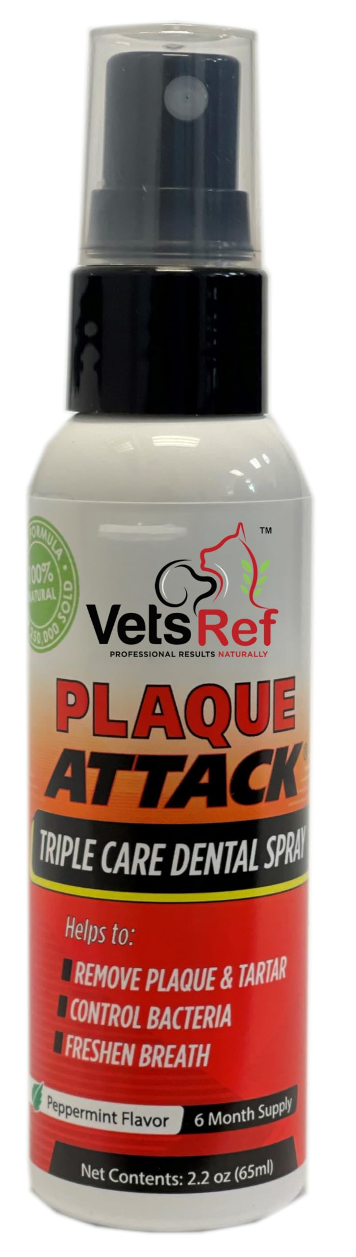 Plaque Attack Pet Dental Spray bottle ready for use on pets' teeth for improved oral health.