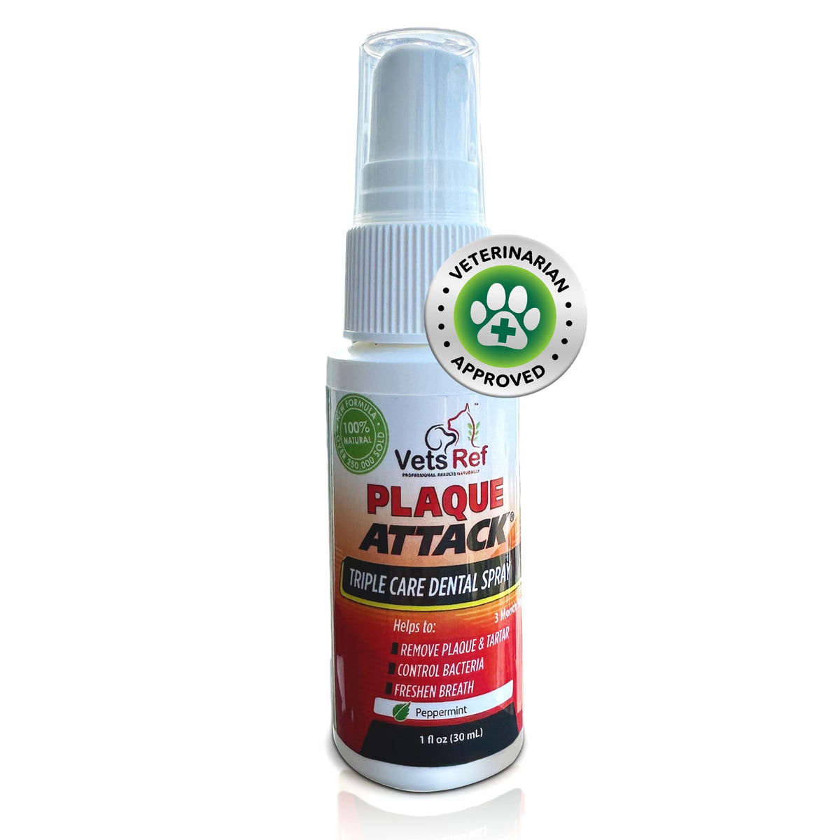 Plaque Attack pet dental spray bottle promotes quick fresh breath for dogs and cats