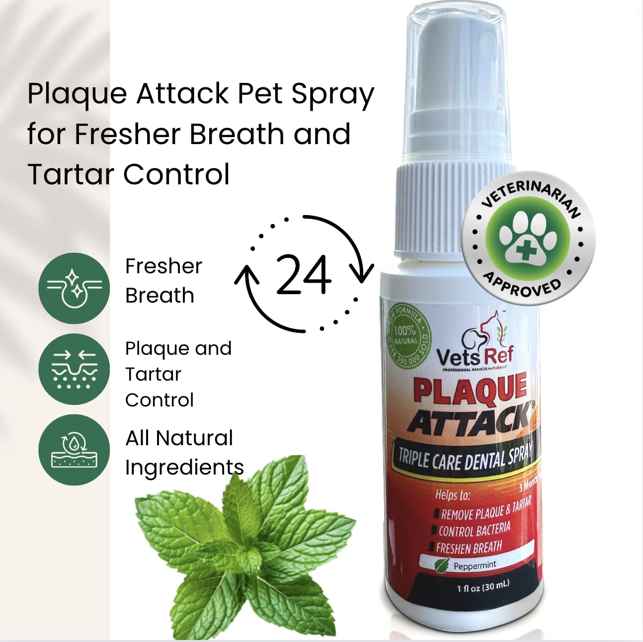 Plaque Attack dental spray pour demonstrates easy mess-free application for pet mouths