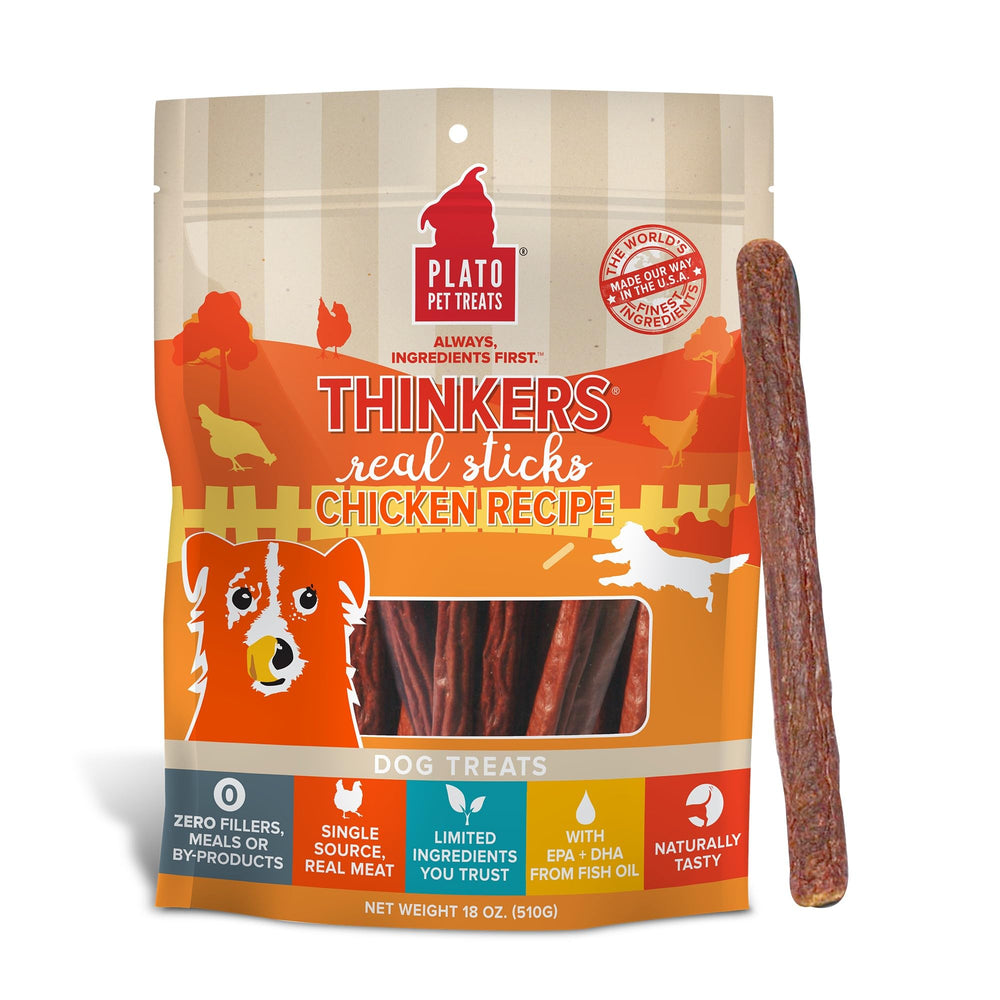 PLATO Thinkers Chicken 18oz bag shows real chicken sticks ideal for training rewards