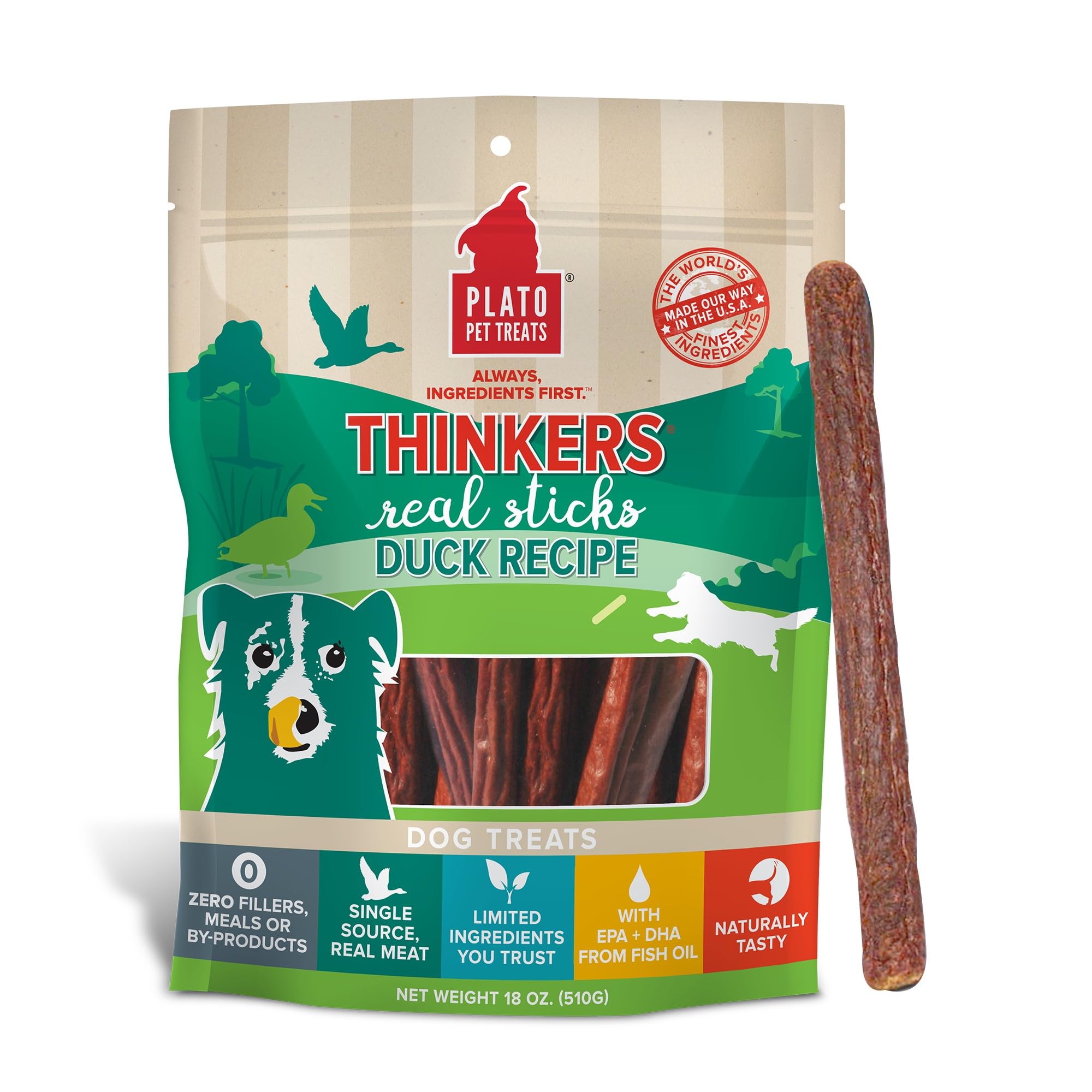 PLATO Thinkers Duck 18oz bag showcases real duck as the first ingredient for tasty dog treats.