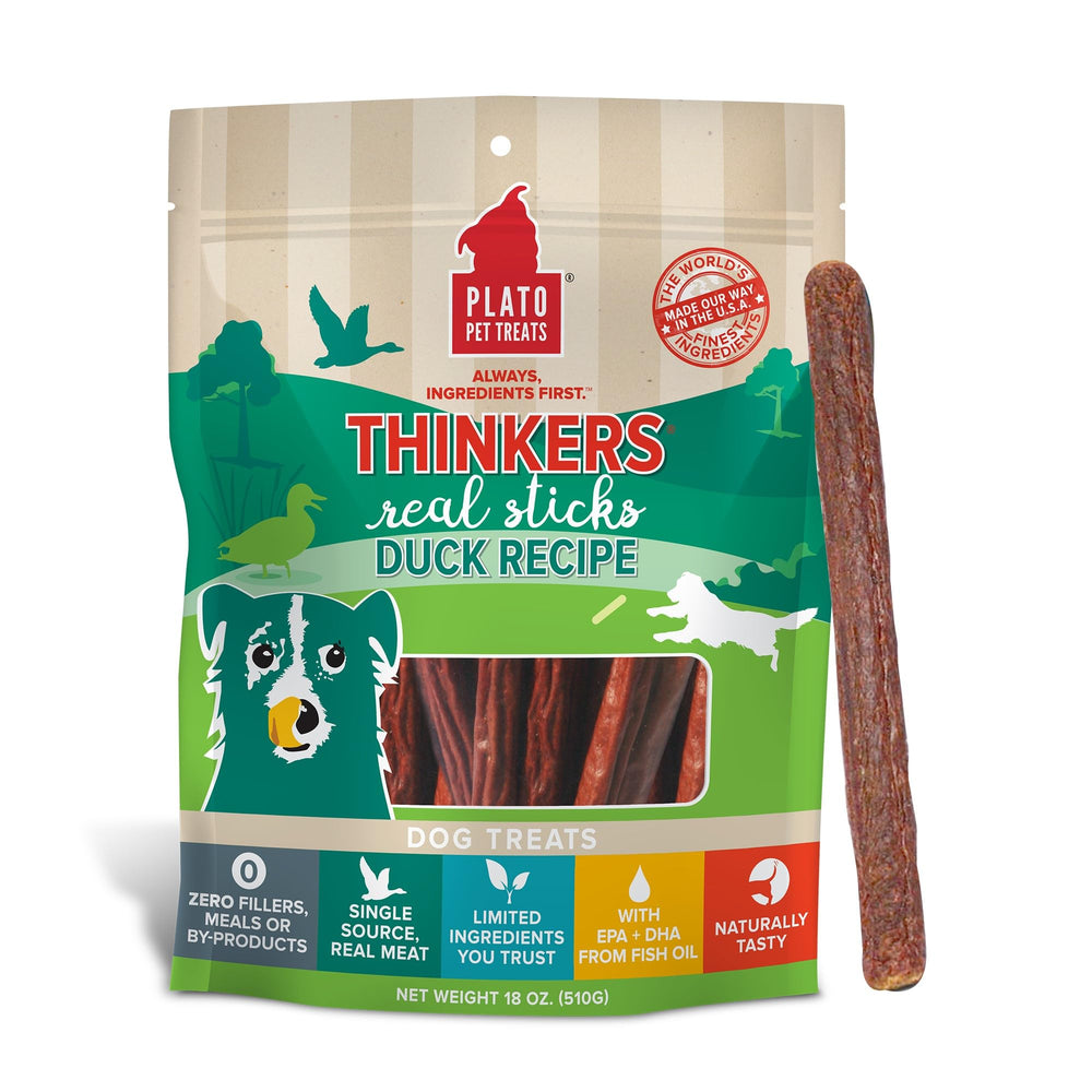 PLATO Thinkers Duck 18oz bag showcases real duck as the first ingredient for tasty dog treats.