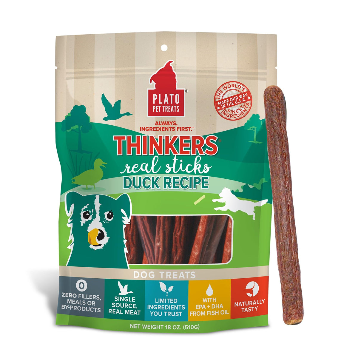 PLATO Thinkers Duck 18oz bag showcases real duck as the first ingredient for tasty dog treats.
