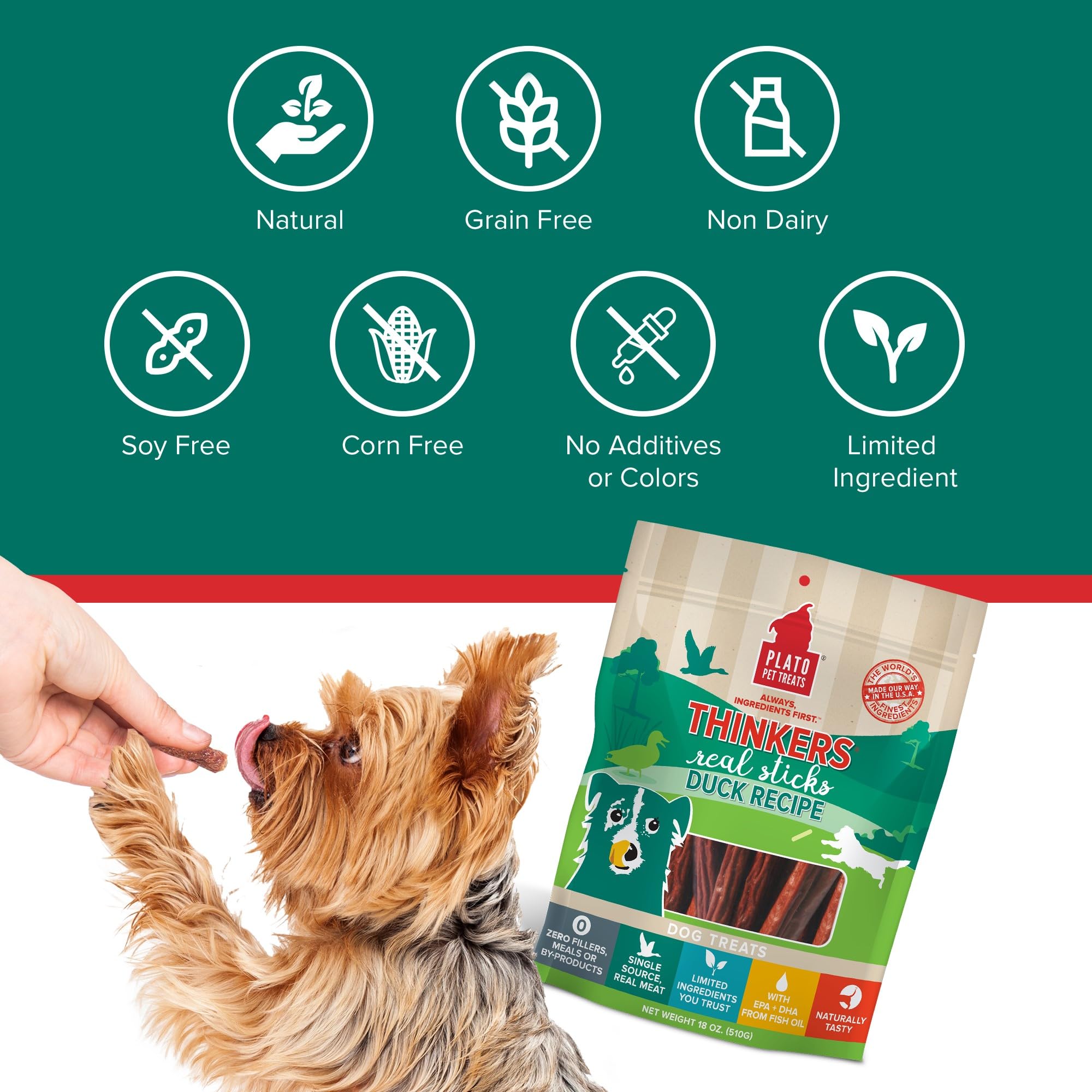 PLATO Thinkers Duck no artificial flavors image highlights clean ingredients.