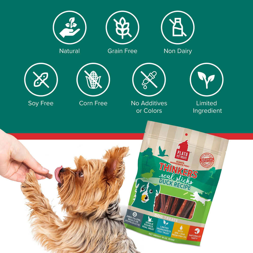 PLATO Thinkers Duck no artificial flavors image highlights clean ingredients.