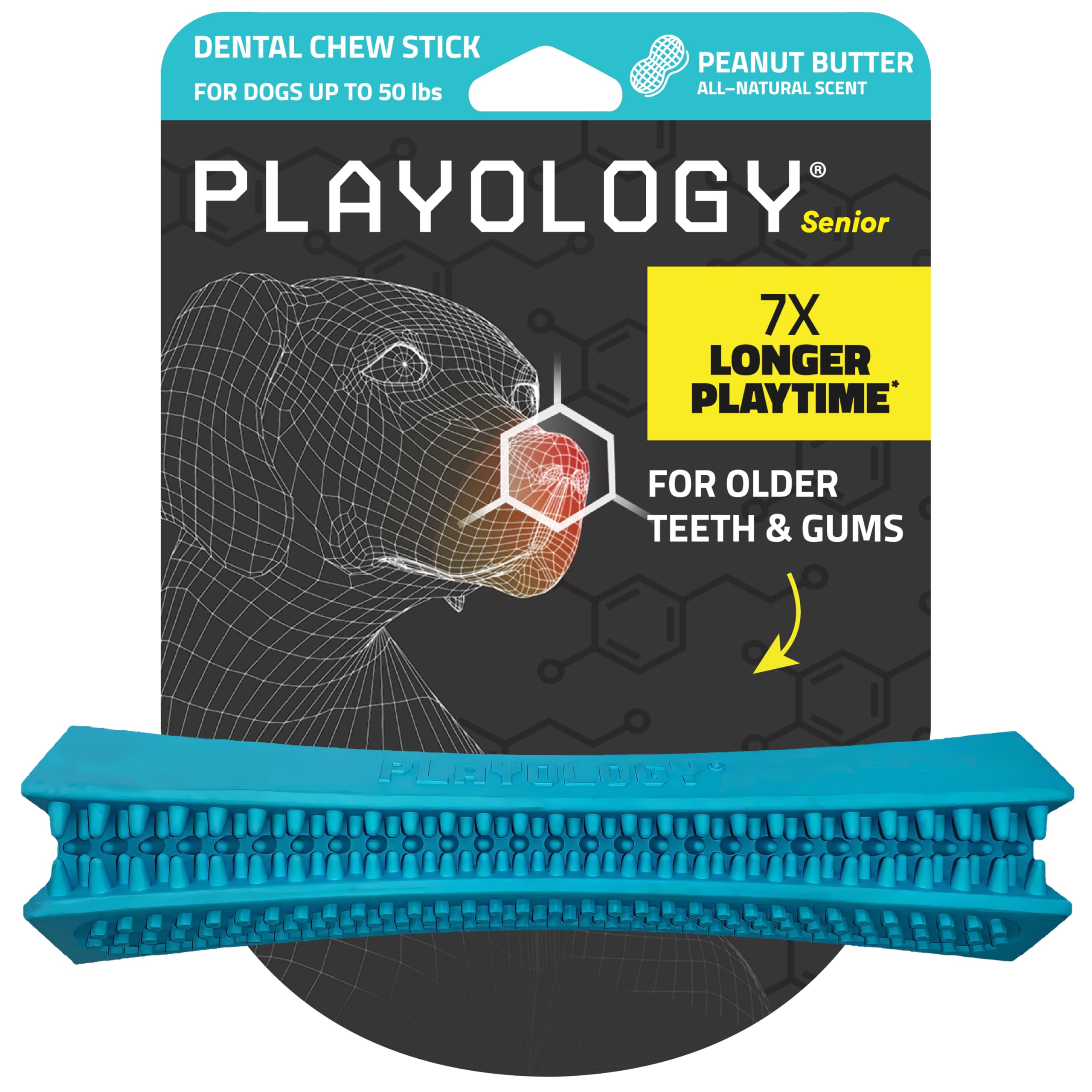Playology dental chew stick with soft rubber supports aging teeth and gums.