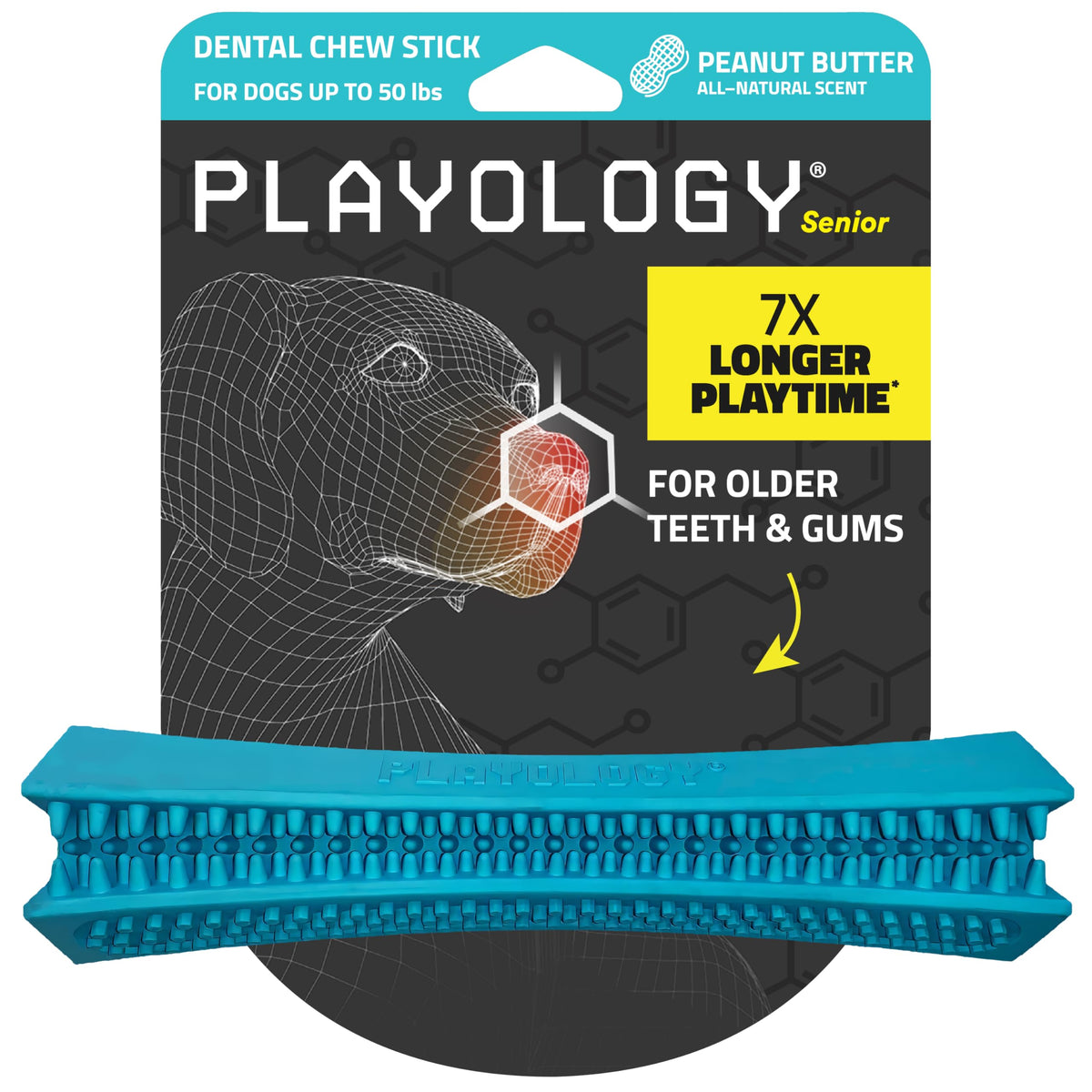 Playology dental chew stick with soft rubber supports aging teeth and gums.