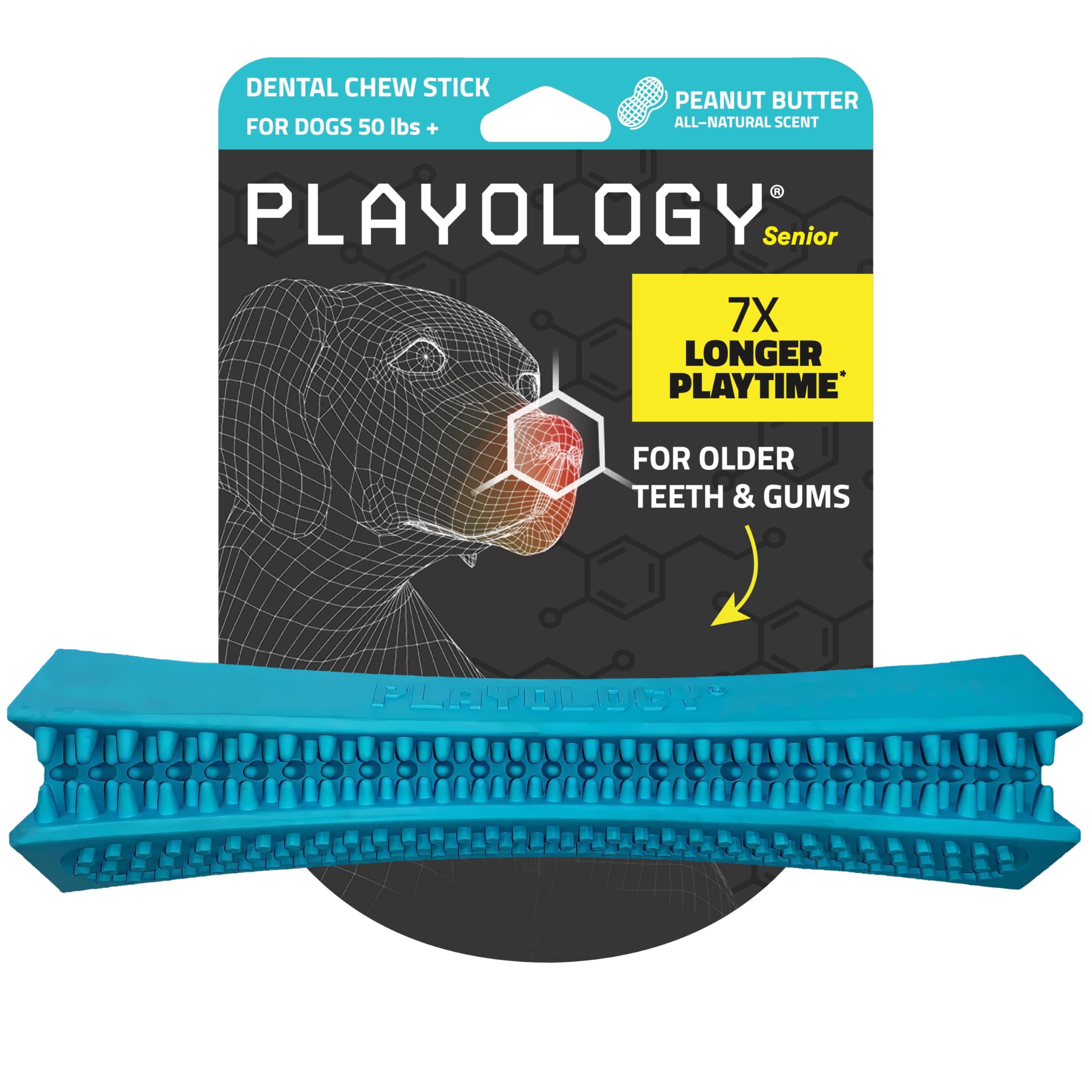 Playology dog toy close-up highlights soft rubber chew for aging teeth and gums